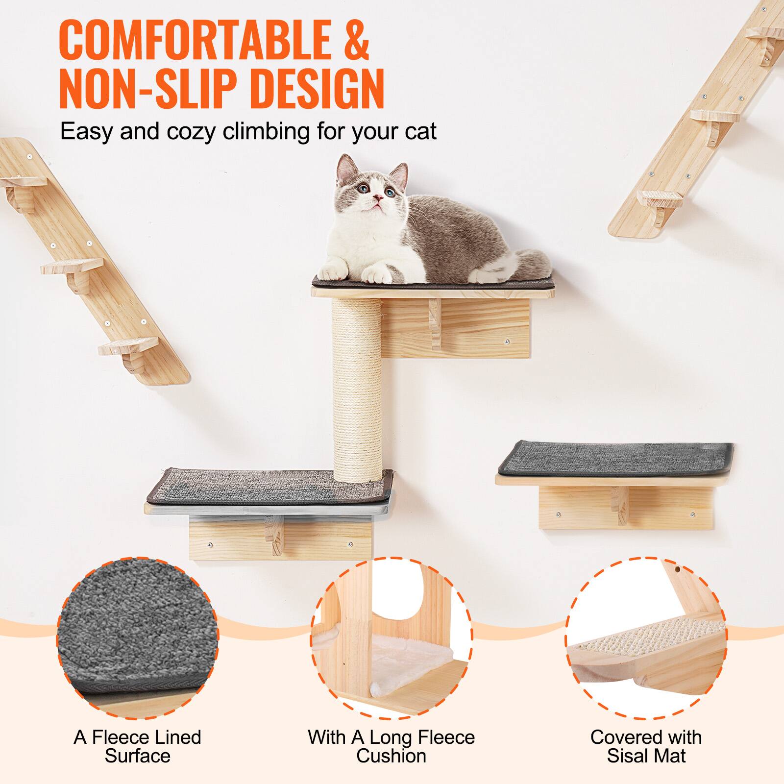 COMFORTABLE & NON-SLIP DESIGN  
Easy and cozy climbing for your cat  

A Fleece Lined Surface  
With A Long Fleece Cushion  
Covered with Sisal Mat
