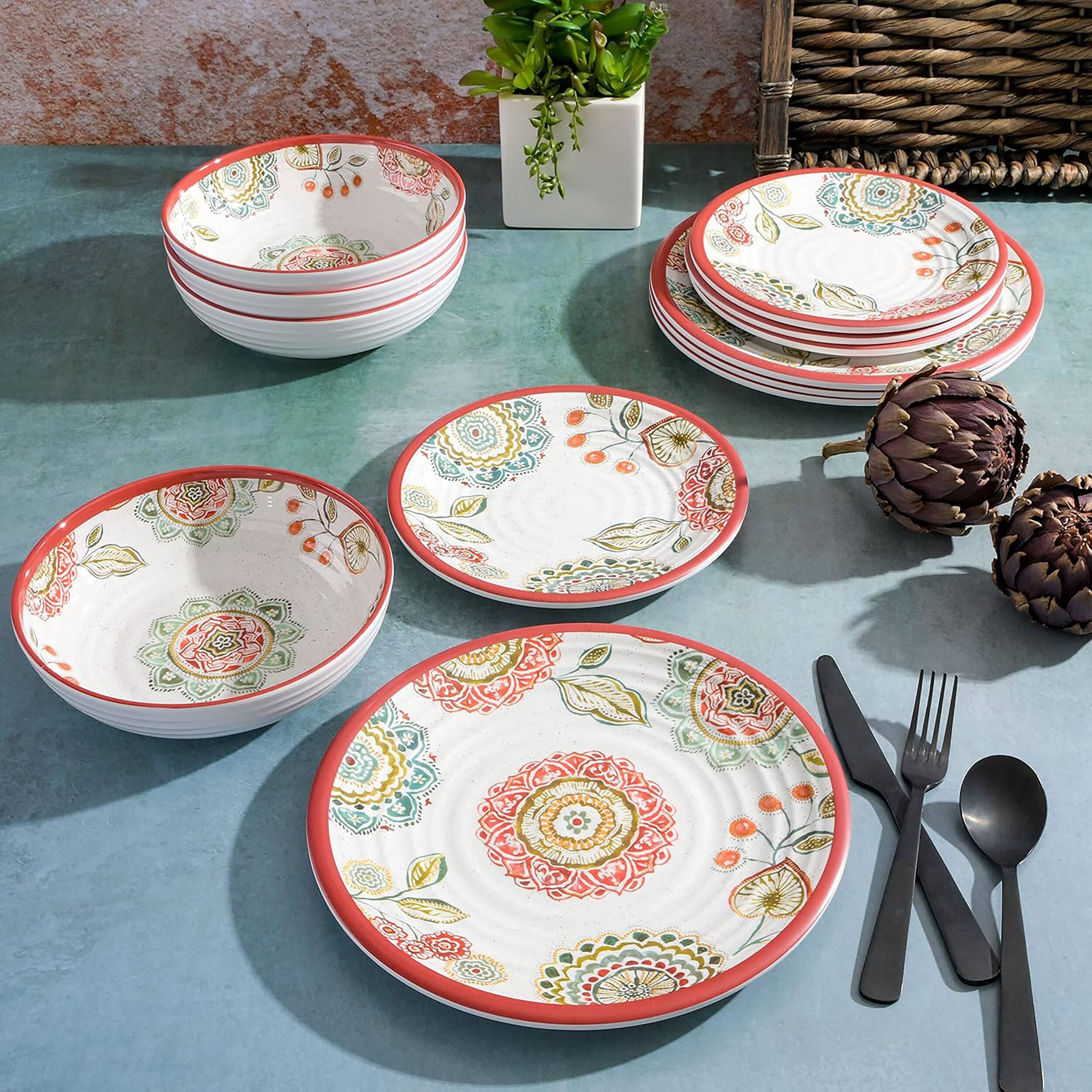 Alt View 3. Laurie Gates - Laurie Gates Brick Floral Ripple 12 Piece Melamine Dinnerware Set in Red - Multi.