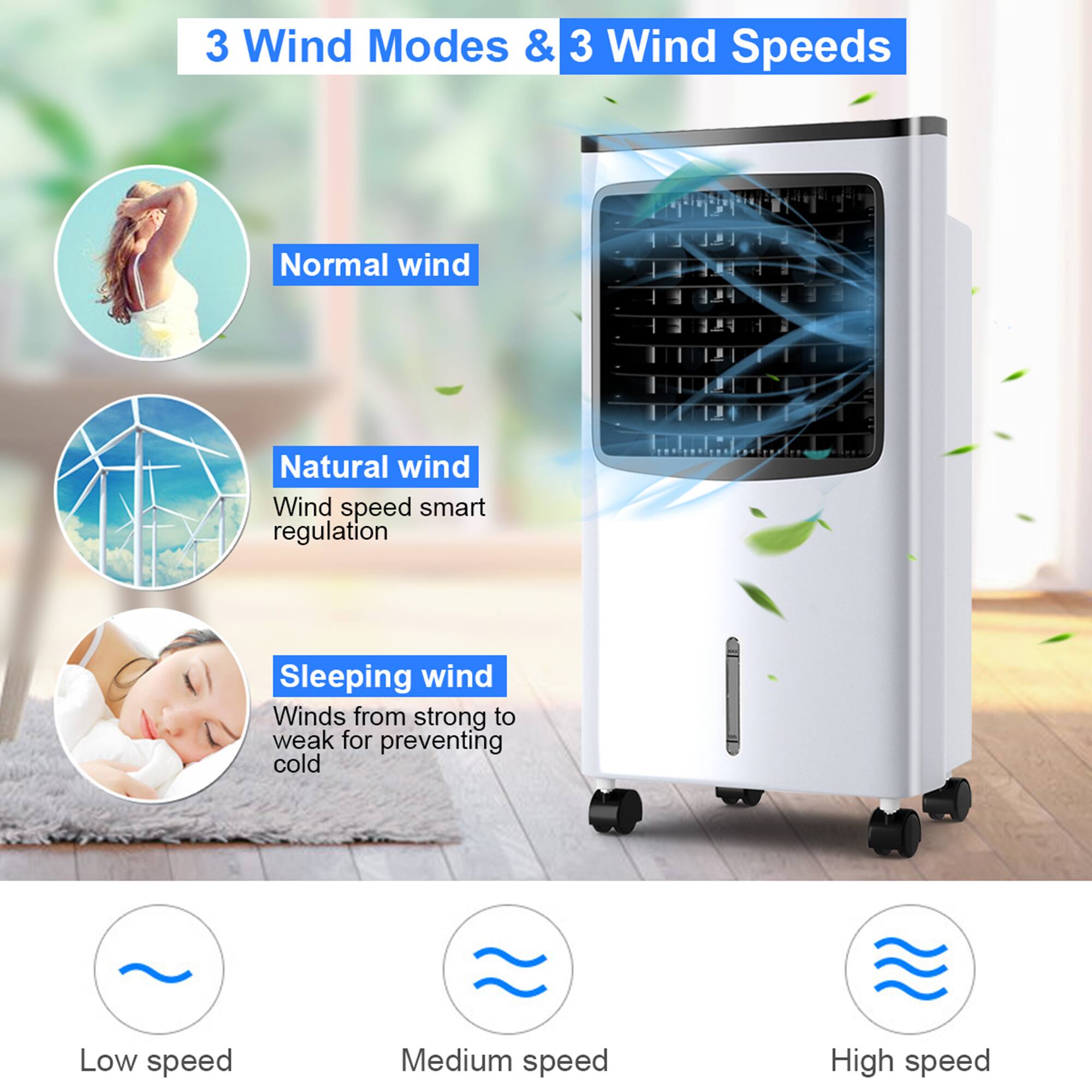 3 Wind Modes & 3 Wind Speeds

- Normal wind
- Natural wind
  - Wind speed smart regulation
- Sleeping wind
  - Winds from strong to weak for preventing cold

Low speed  
Medium speed  
High speed