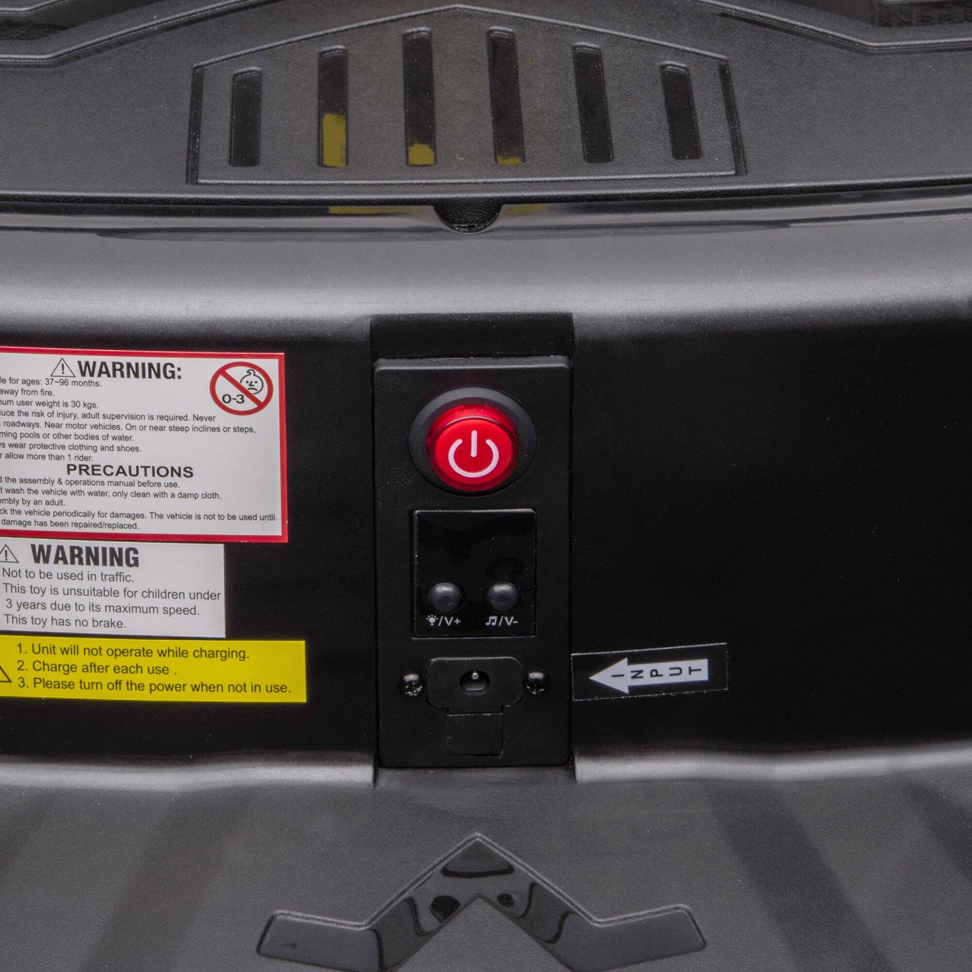 **WARNING:**
- For ages: 37-96 months.
- Keep away from fire.
- Maximum user weight is 30 kgs.
- Reduce the risk of injury, adult supervision is required. Never use near motor vehicles, on or near steep inclines or steps, near swimming pools or other bodies of water. Wear protective clothing and shoes.
- Never allow more than one rider.
- Read the assembly & operations manual before use.
- Wash the vehicle with water only. Clean with a damp cloth.
- Check the vehicle periodically for damages. The vehicle is not to be used until the damage has been repaired/replaced.

**PRECAUTIONS:**
- This toy is unsuitable for children under 3 years due to its maximum speed.
- This toy has no brake.

**WARNING:**
- Not to be used in traffic.
- 1. Unit will not operate while charging.
- 2. Charge after each use.
- 3. Please turn off the power when not in use.