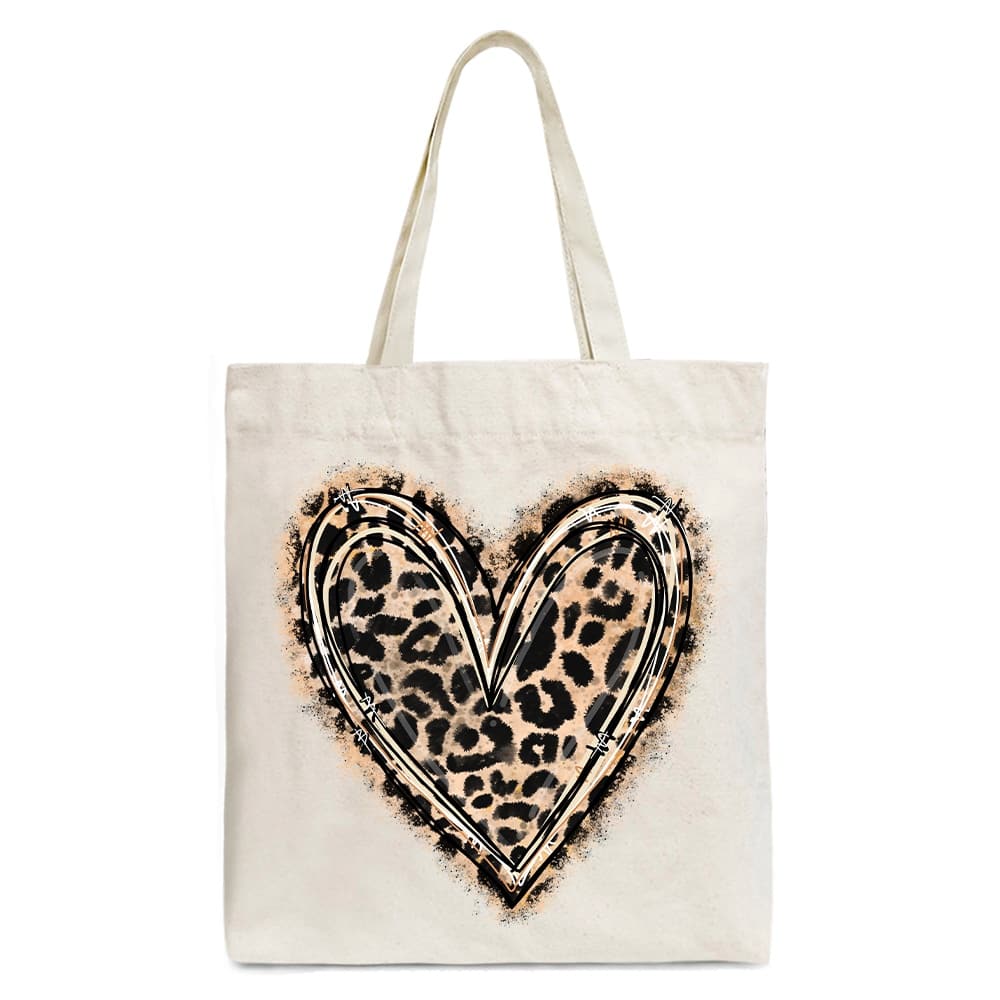 OrnamentallyYou - Leopard Heart Valentine Canvas Tote Bag, Love Design Shopper - Beige