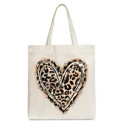 Front. OrnamentallyYou - Leopard Heart Valentine Canvas Tote Bag, Love Design Shopper - Beige.
