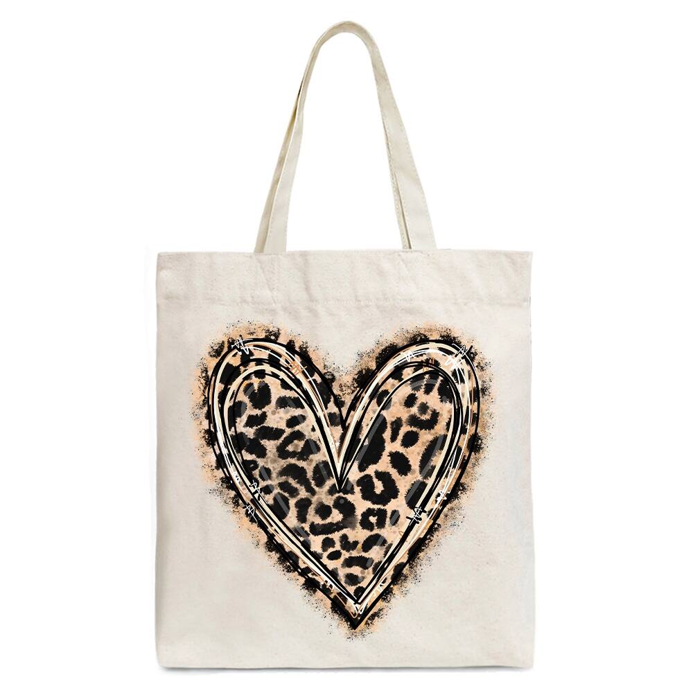 Front. OrnamentallyYou - Leopard Heart Valentine Canvas Tote Bag, Love Design Shopper - Beige.