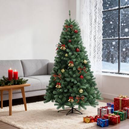 Front. Acekool - 6Ft Prelit Artificial Christmas Tree, Xmas Tree with Lights, Balls & Sturdy Metal Base, Realistic PE/PVC - Green.