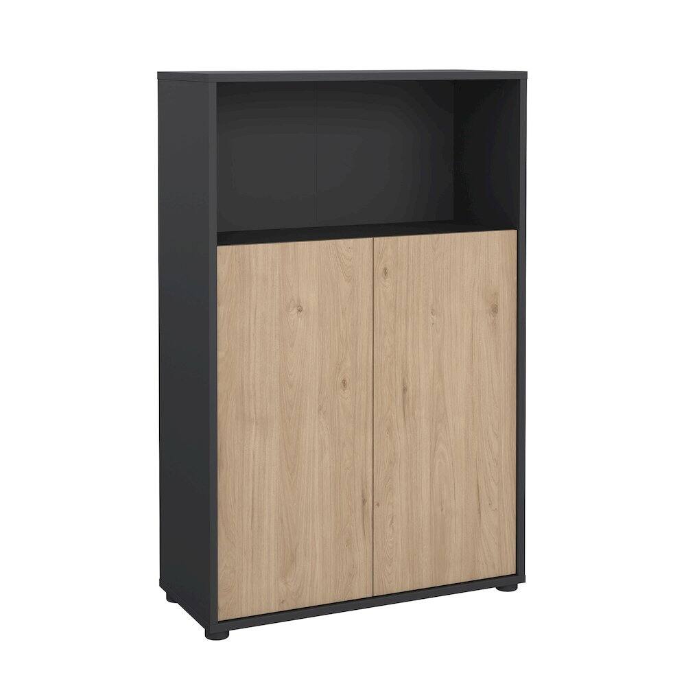 Back. Tvilum - Adjustable 3 Shelf Bookcase with 2 Doors, Open Storage Home Office Bookshelf - Gray.