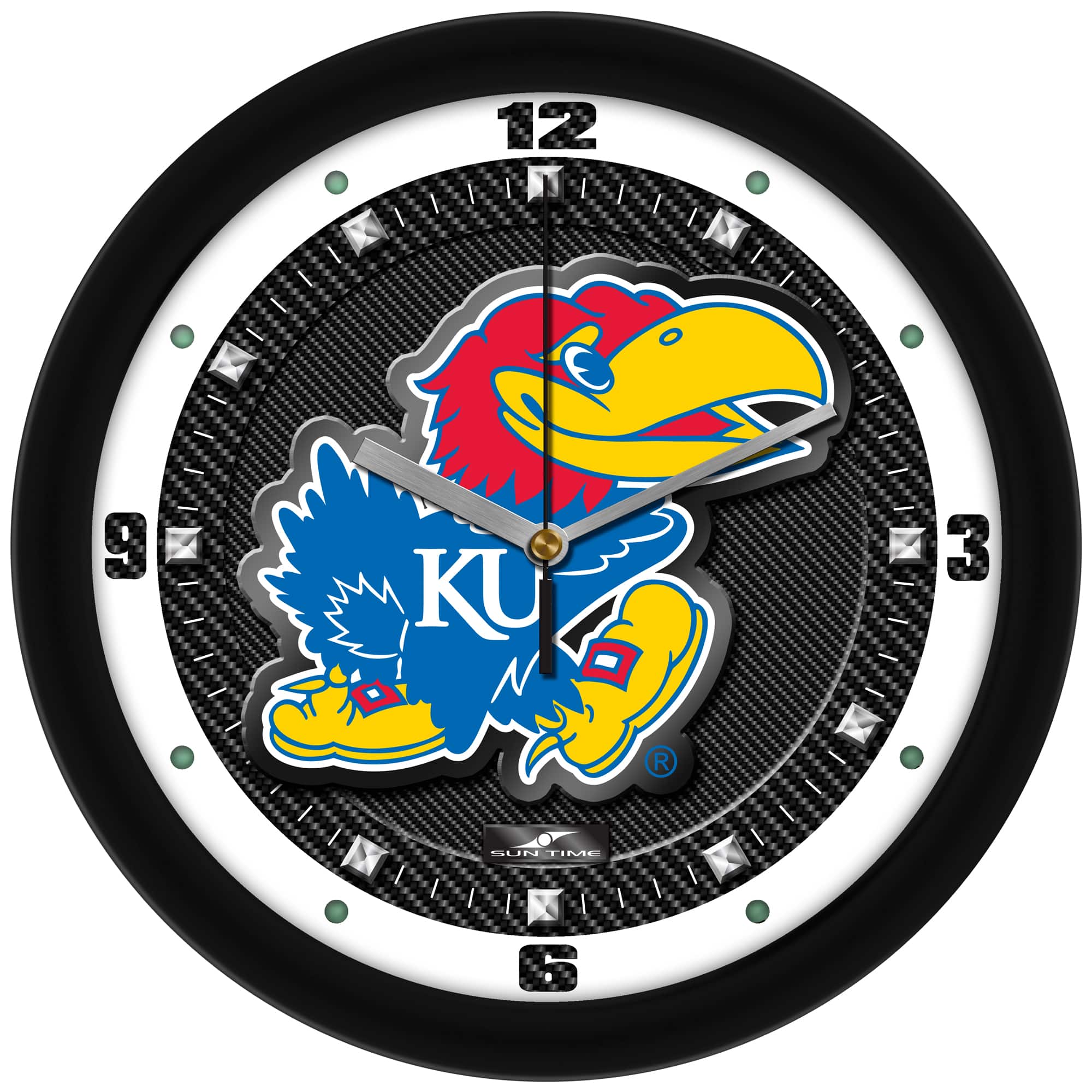 MpDirect - Kansas Jayhawks 11.5'' Suntime Premium Glass Face Carbon Fiber Wall Clock - Multicolor