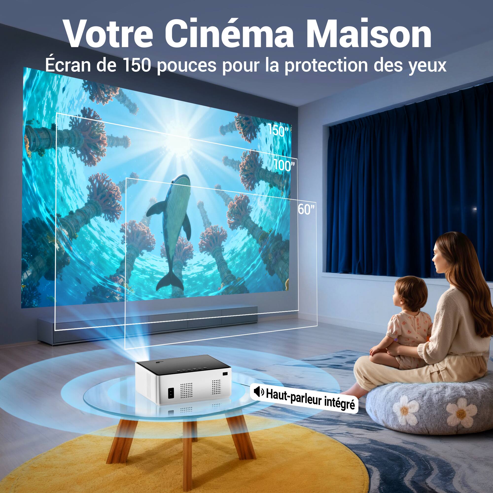 Votre Cinéma Maison  
Écran de 150 pouces pour la protection des yeux  
150"  
100"  
60"  
Haut-parleur intégré