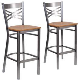Emma + Oliver - 2 Pack Clear Coated "X" Back Metal Restaurant Barstool - Natural Wood Seat/Clear Coated Metal Frame