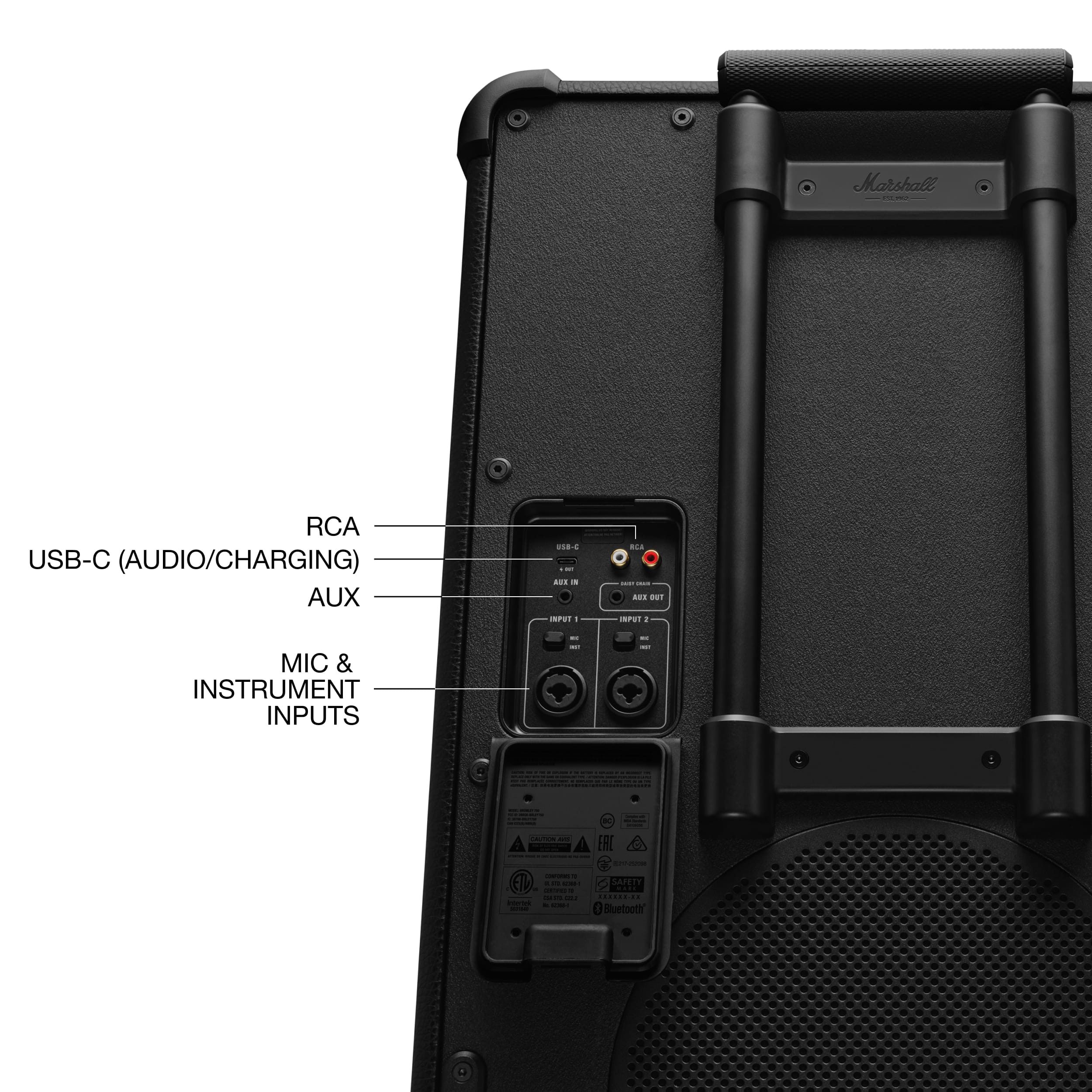 Marshall
USB-C (AUDIO/CHARGING)
AUX
RCA
MIC & INSTRUMENT INPUTS
Bluetooth
ETL
SAFETY
CE
FCC