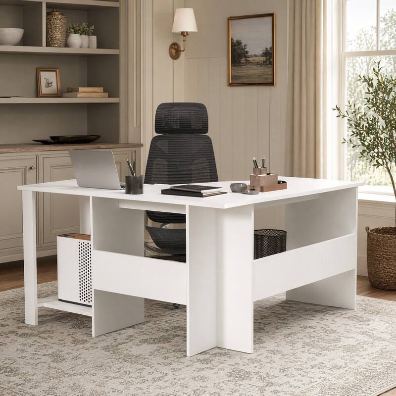 Left. WELLFOR - 51" L Shape Desk with 2 Storage Shelves, Computer Desk Study Writing Desk for Home Office - White.