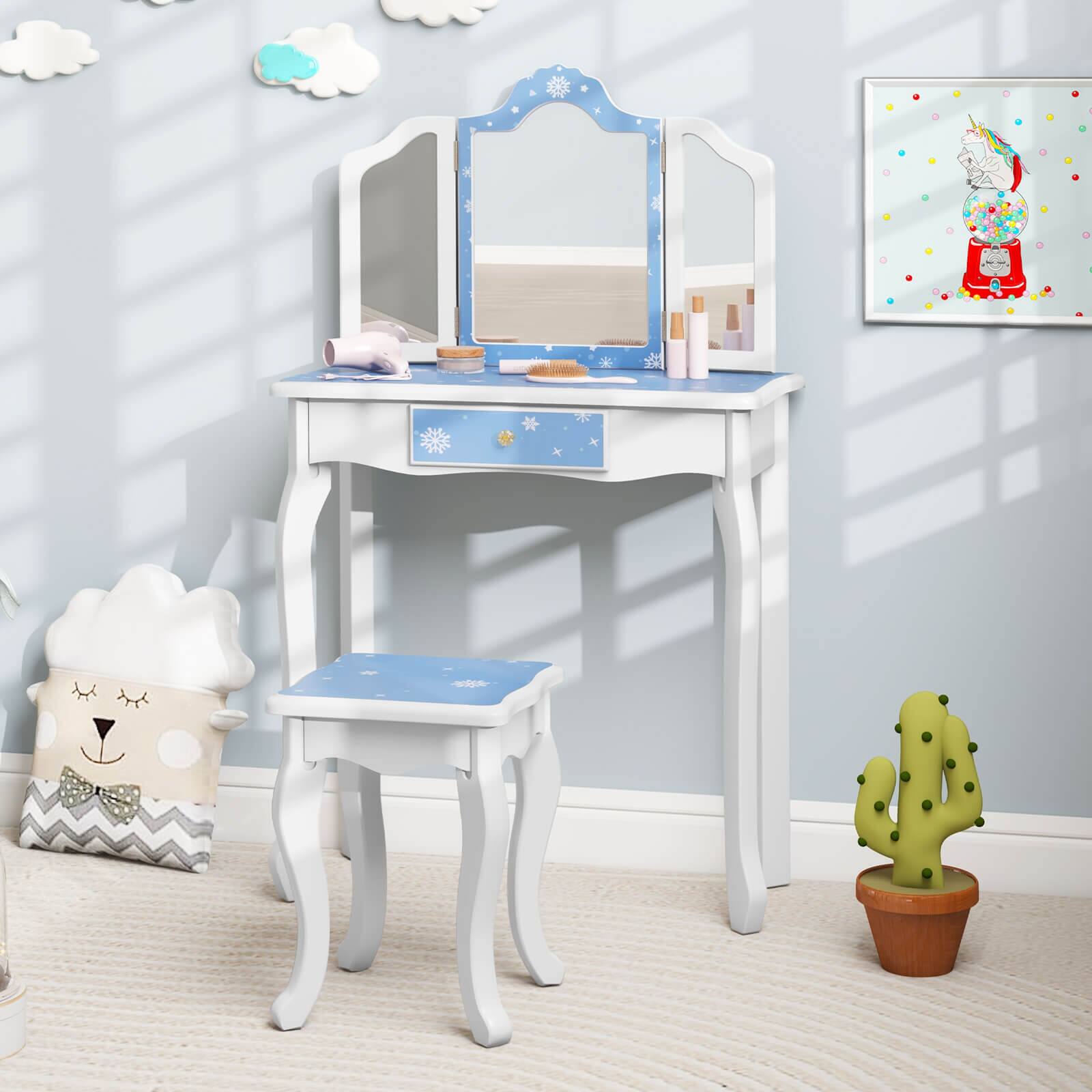Alt View 3. Costway - Costway Kids Vanity Set Toddler Makeup Table & Stool with Tri-folding Mirror Drawer - Blue.