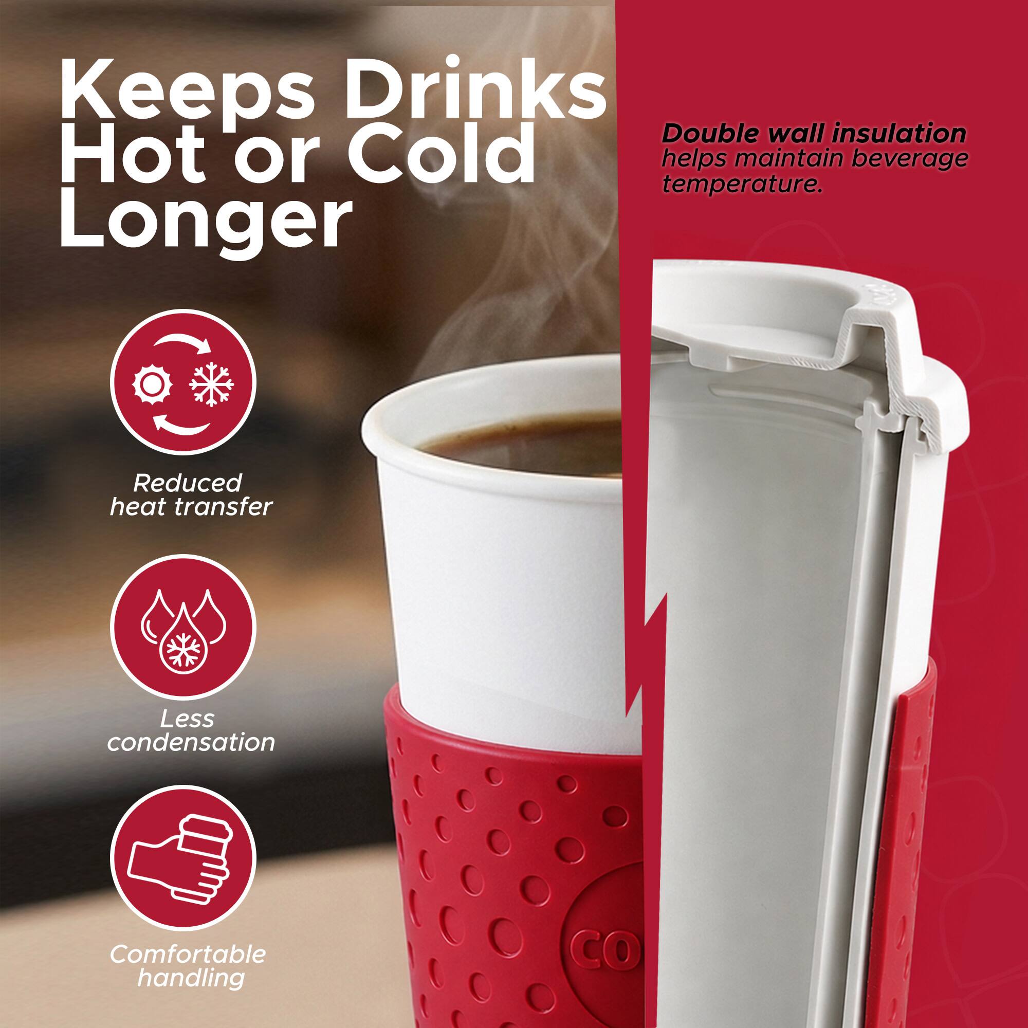 Keeps Drinks Hot or Cold Longer

Double wall insulation helps maintain beverage temperature.

- Reduced heat transfer
- Less condensation
- Comfortable handling