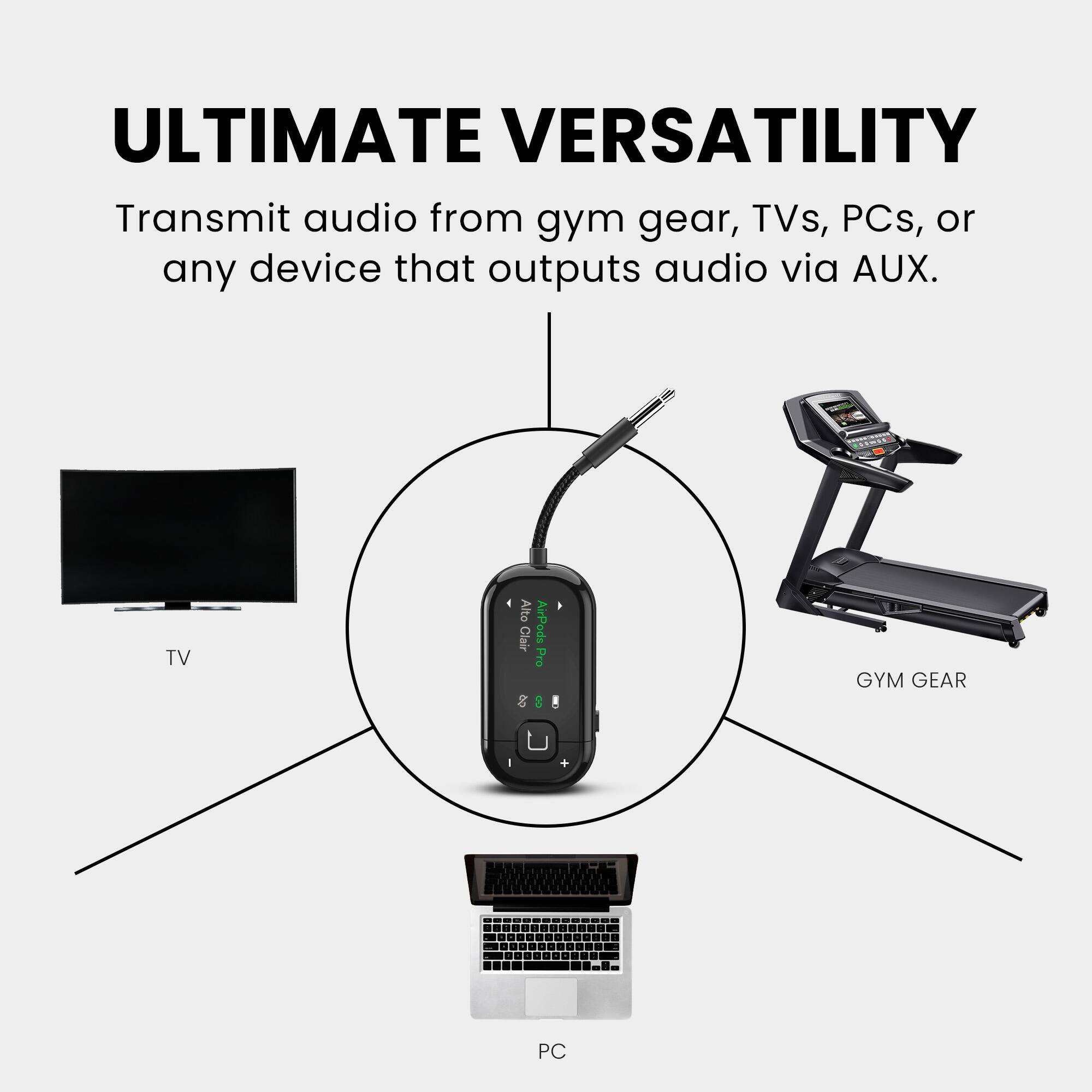 ULTIMATE VERSATILITY

Transmit audio from gym gear, TVs, PCs, or any device that outputs audio via AUX.

TV  
GYM GEAR  
PC