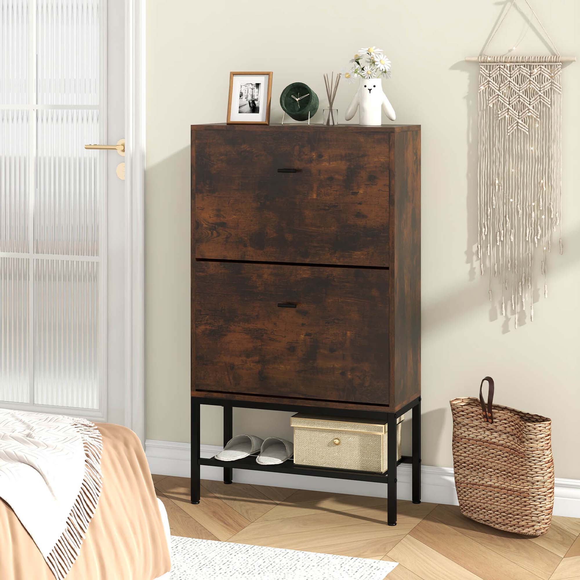 Alt View 13. Costway - Industrial Shoe Storage Cabinet with 2 Flip Drawers 1 Bottom Metal Shelf Organizer - Rustic Brown.