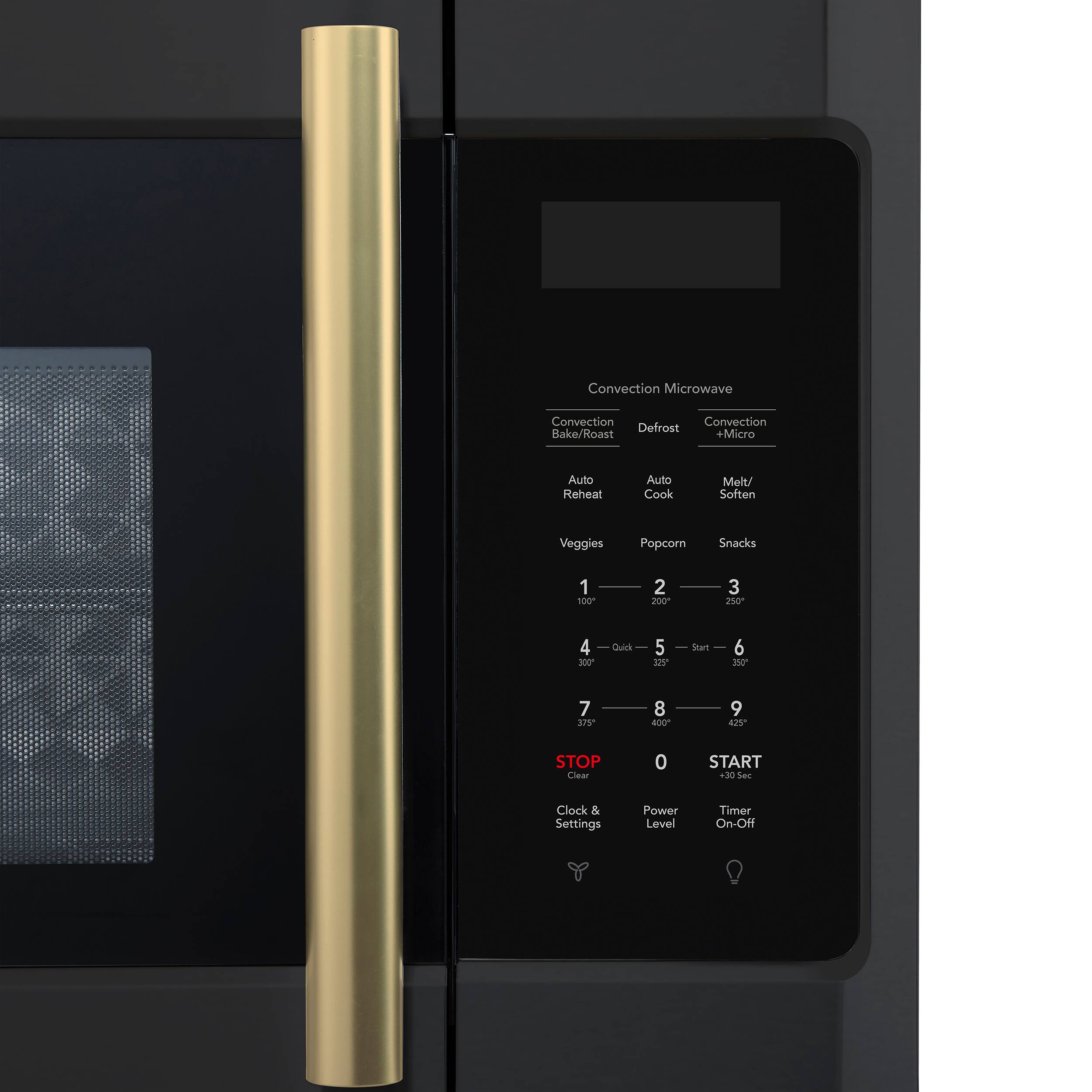 Convection Microwave
Convection Bake/Roast
Convection +Micro
Defrost
Auto Reheat
Auto Cook
Melt/Soften
Veggies
Popcorn
Snacks
1 100
2 200
3 20
4 Quick
5 3s
6 Start
7 375
8 800
9 42
STOP Clear
0
START
+30 Sec
Clock & Settings
Power Level
Timer On-Off