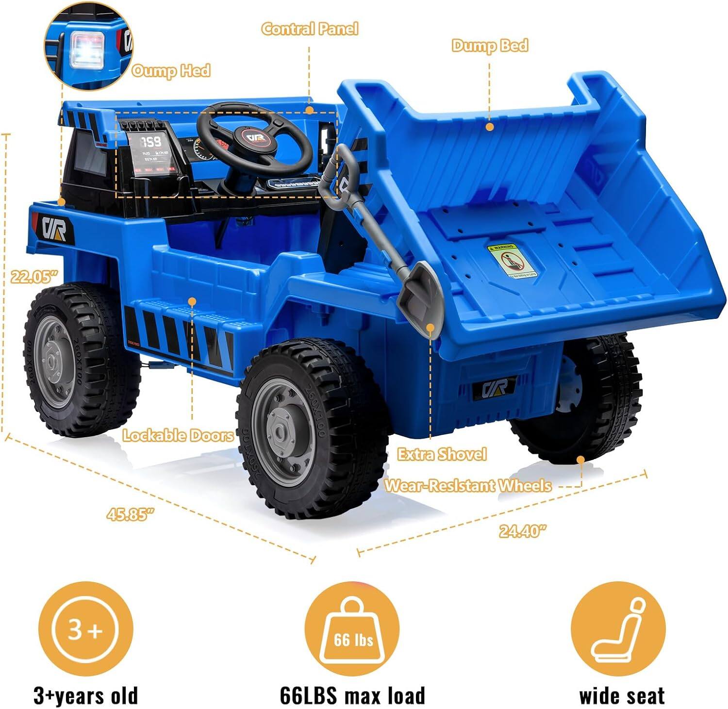 - Control Panel
- Oump Hed
- Dump Bed
- 22.05"
- Lockable Doors
- Extra Shovel
- Wear-Resistant Wheels
- 45.85"
- 24.40"
- 3+ years old
- 66LBS max load
- wide seat