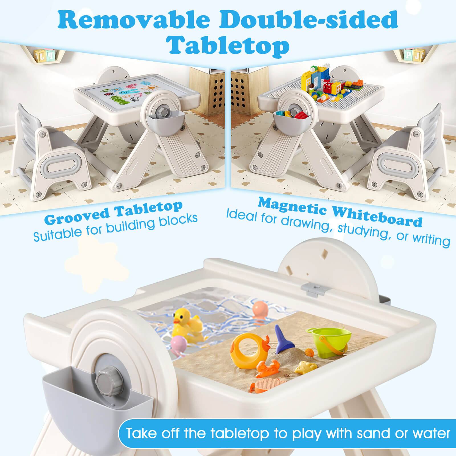 Removable Double-sided Tabletop

Grooved Tabletop  
Suitable for building blocks

Magnetic Whiteboard  
Ideal for drawing, studying, or writing

Take off the tabletop to play with sand or water