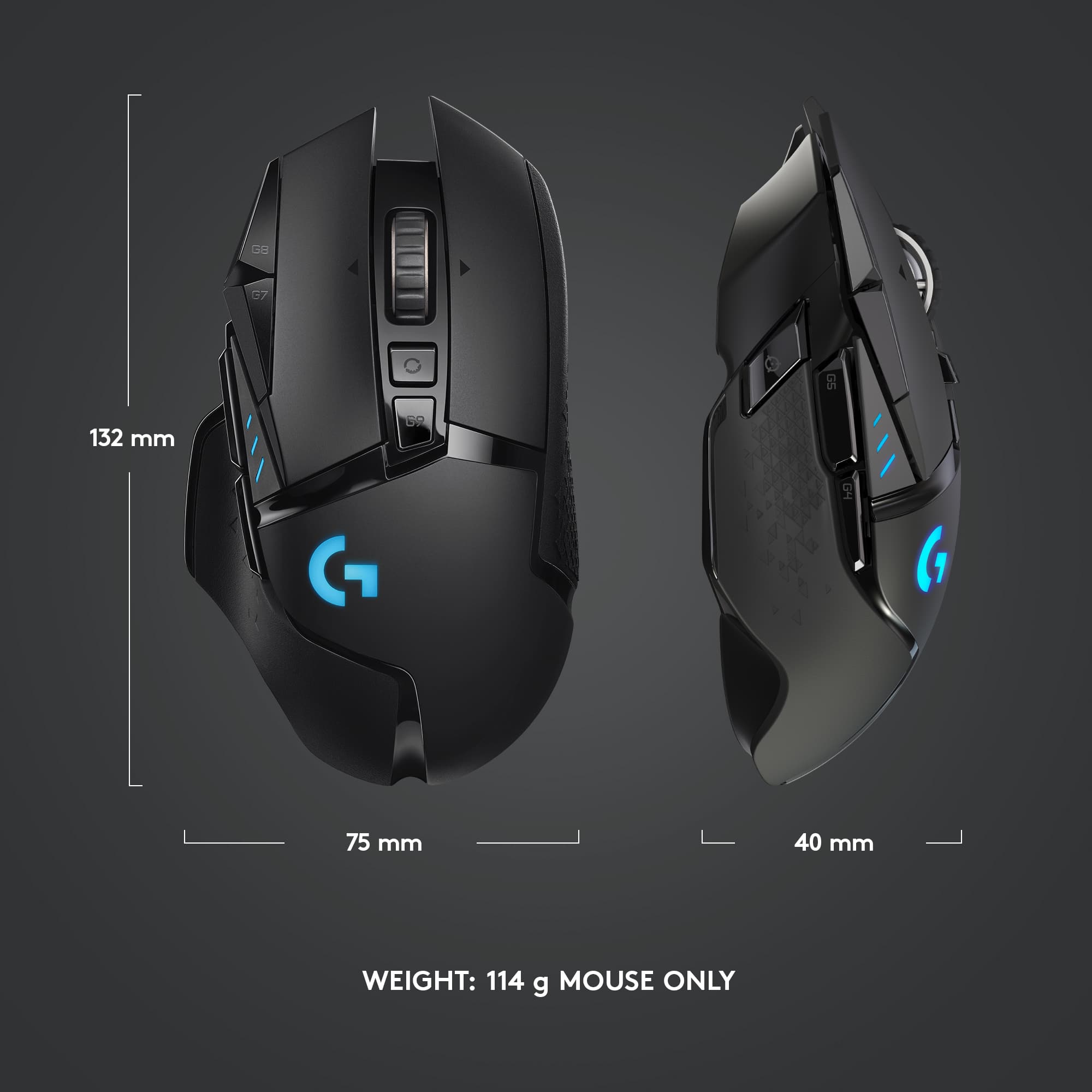 The image features two computer mice, one on the left and one on the right, with a ruler measuring their dimensions. The left mouse is 132 mm in length, while the right mouse is 75 mm in length. The weight of both mice is 114 g, and they are both mouse-only devices.