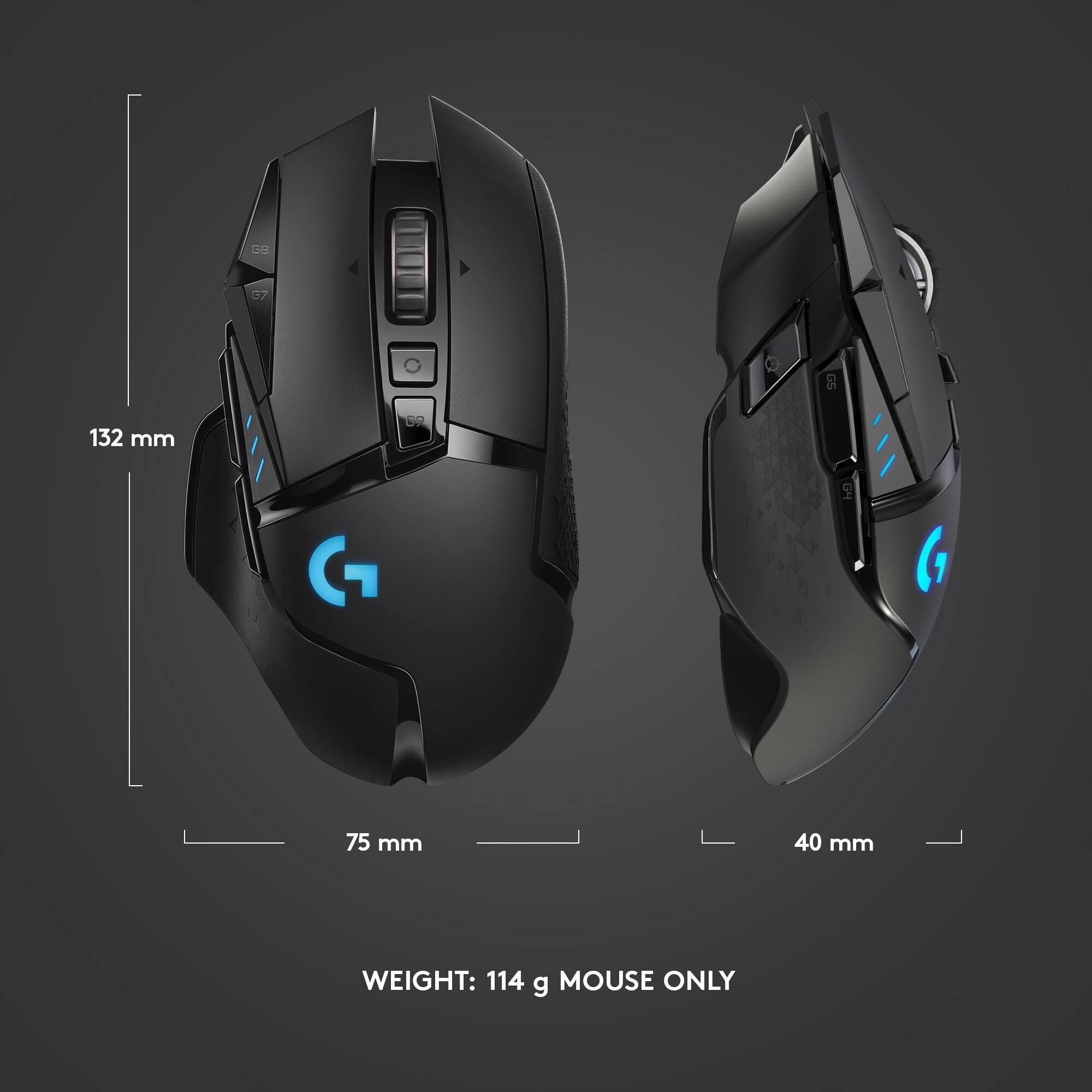 The image features two computer mice, one on the left and one on the right, with a ruler measuring their dimensions. The left mouse is 132 mm in length, while the right mouse is 75 mm in length. The weight of both mice is 114 g, and they are both mouse-only devices.