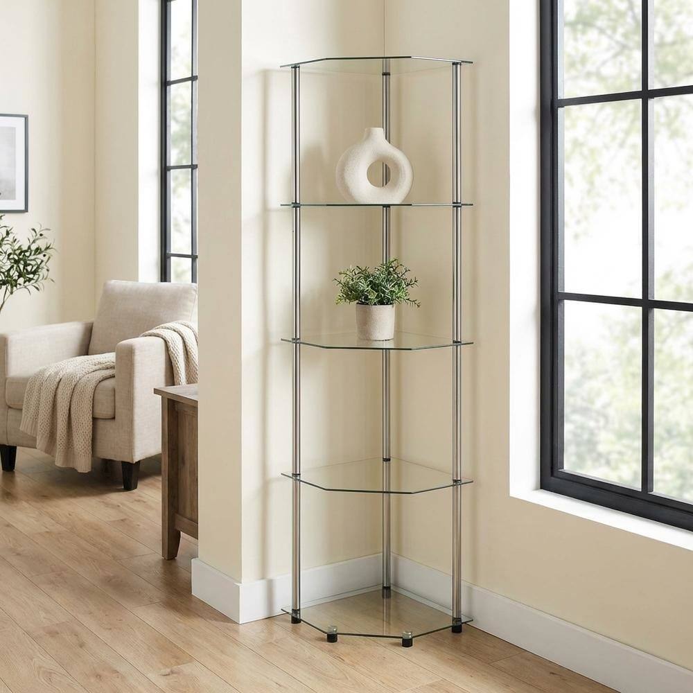 Alt View 3. FurniFact - Corner Tower Shelf, Gray Glass - Metallic.