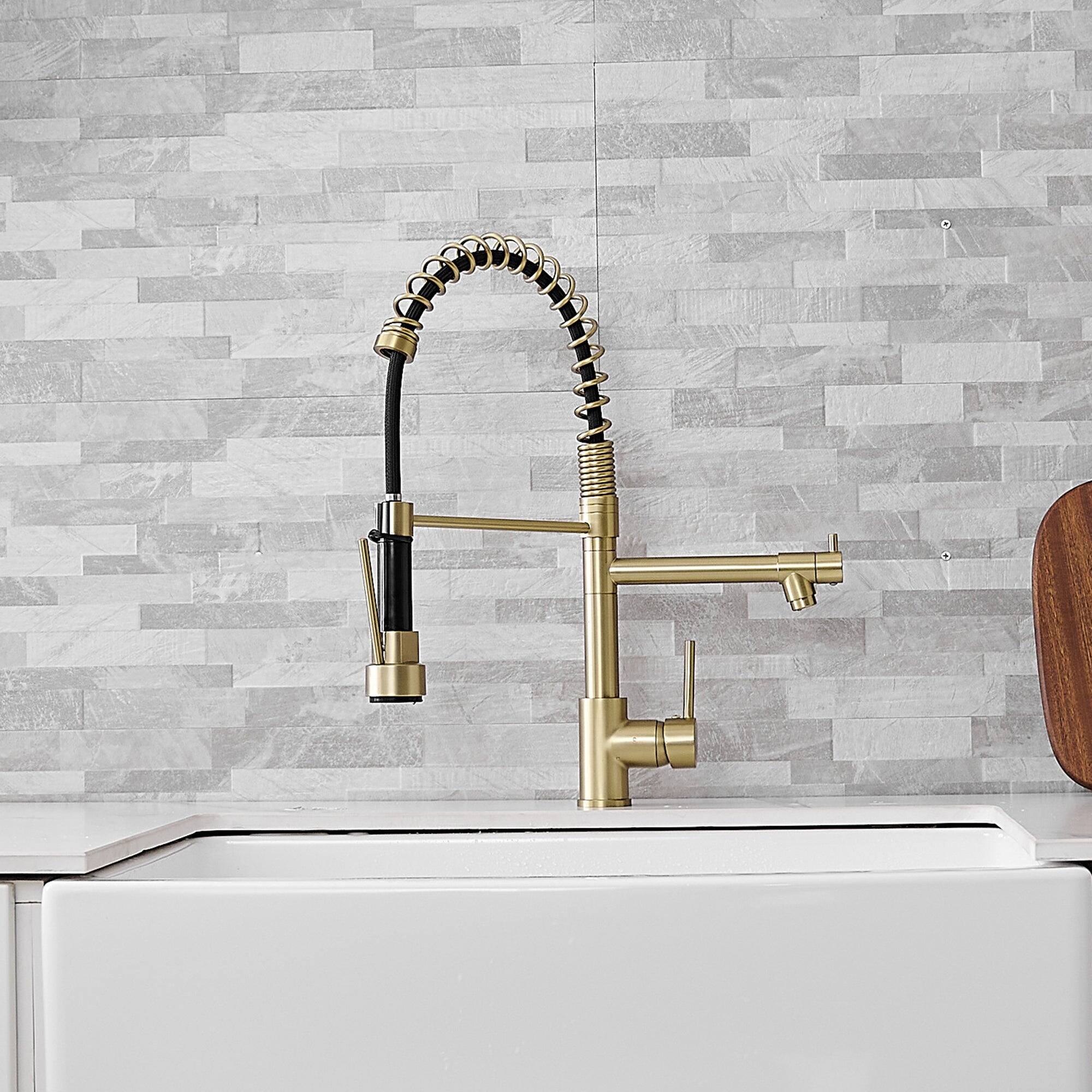 Back. Boyel Living - Brushed Gold 2 Spray Patterns Single Handle No Sensor Pull Down Sprayer Kitchen Faucet with Pot Filler - Brushed Gold.