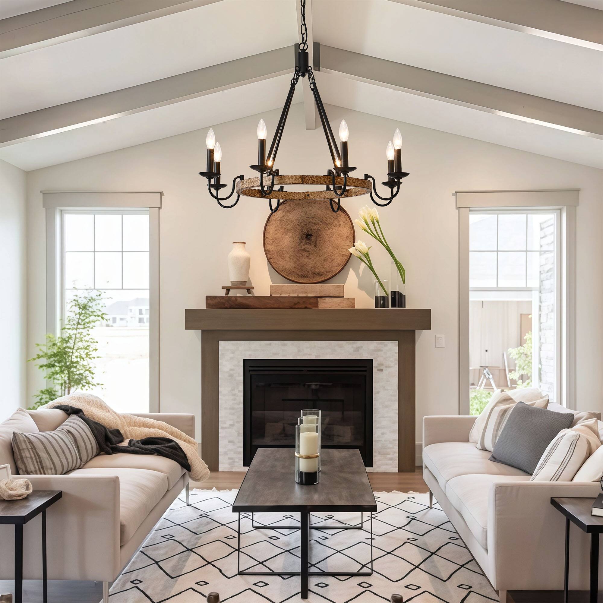 Angle. RYHNUYNE - BAOURE 6-Light Rustic Wagon Wheel Chandelier, Farmhouse Dining Room Light Fixture, Round Wood Chandelier for Living Room - Black.