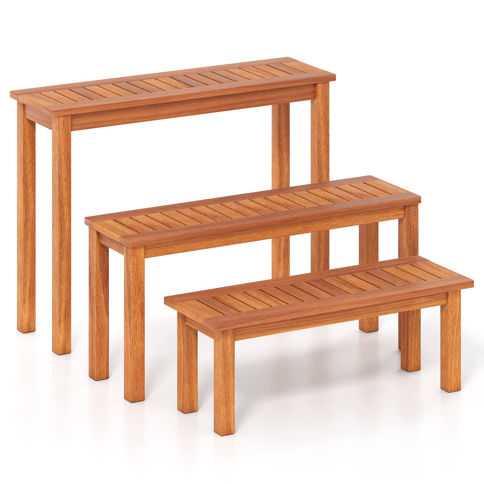 Alt View 5. Gymax - Gymax Wooden Plant Stand Set of 3 w/ Teak Oil Finish Slatted Top for Patio Garden - Brown.