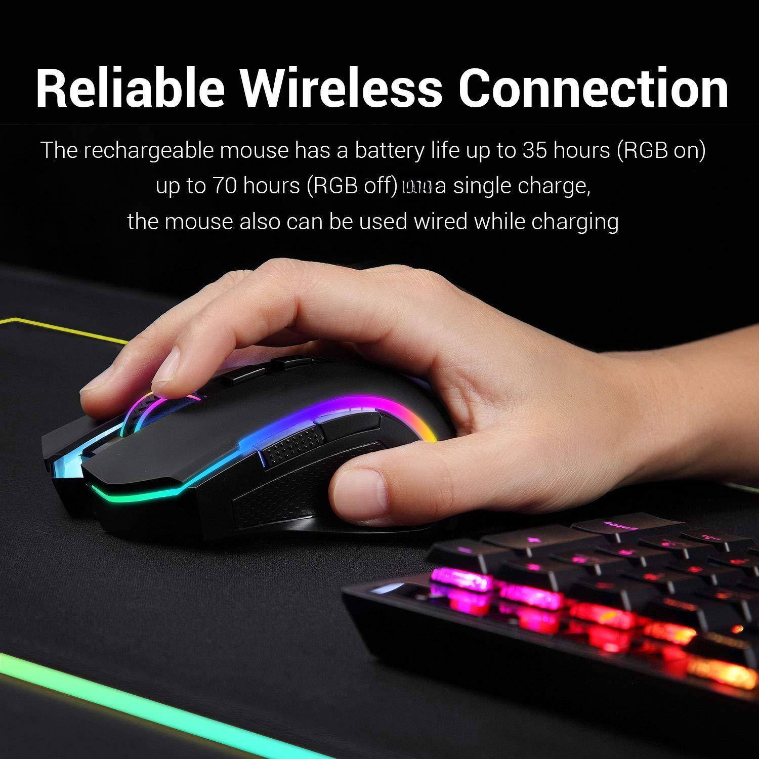 Reliable Wireless Connection

The rechargeable mouse has a battery life up to 35 hours (RGB on) up to 70 hours (RGB off) on a single charge, the mouse also can be used wired while charging