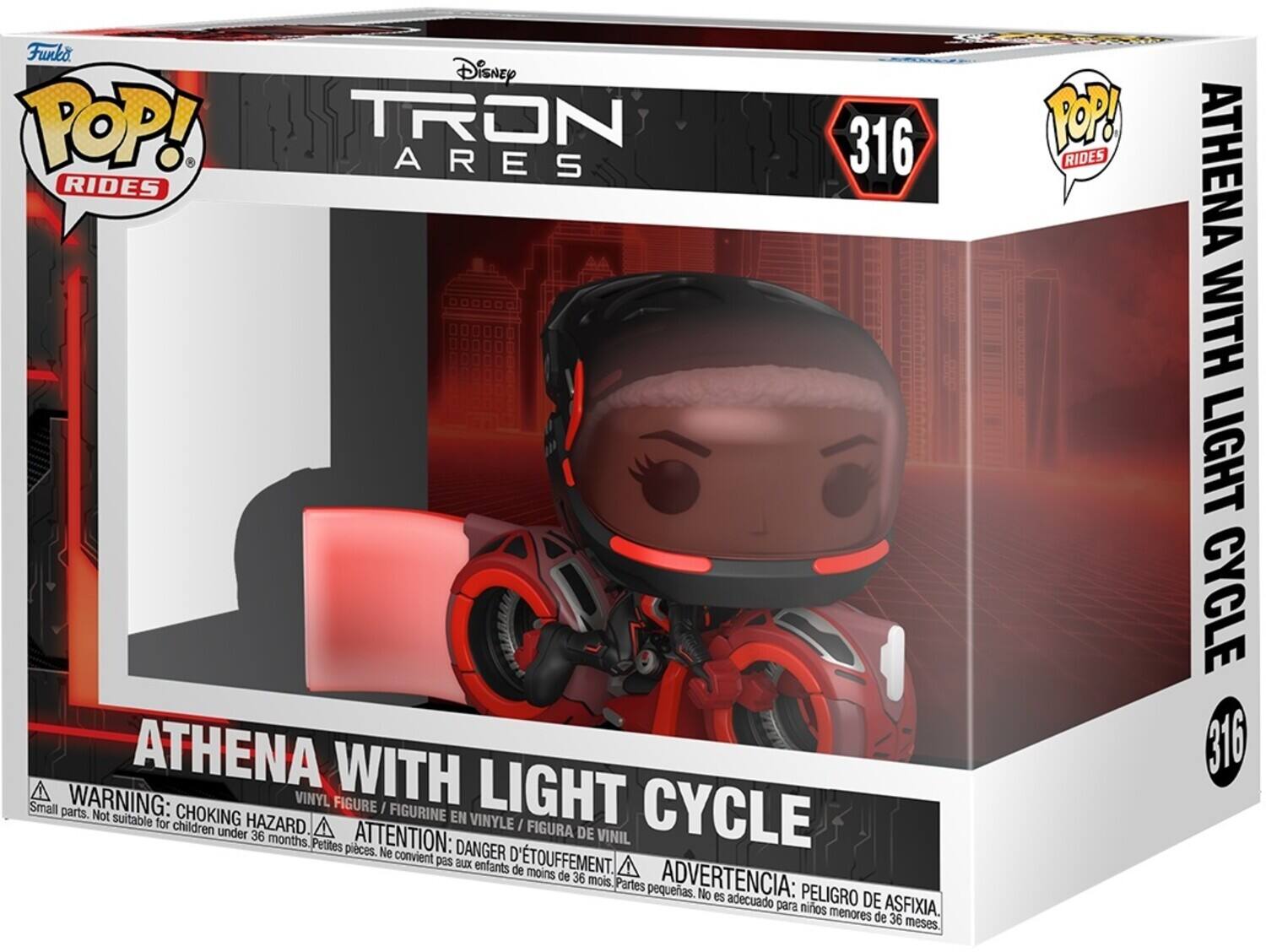 Funko POP! RIDES  
Disney TRON ARES  
ATHENA WITH LIGHT CYCLE  
316  

WARNING: CHOKING HAZARD - Small parts. Not suitable for children under 36 months.  
ATTENTION: DANGER D'ÉTOUFFEMENT - Petites pièces. Ne convient pas aux enfants de moins de 36 mois.  
ADVERTENCIA: PELEIGRO DE ASFIXIA - Partes pequeñas. No es adecuado para niños menores de 36 meses.  

VINYL FIGURE / FIGURINE EN VINYLE / FIGURA DE VINIL