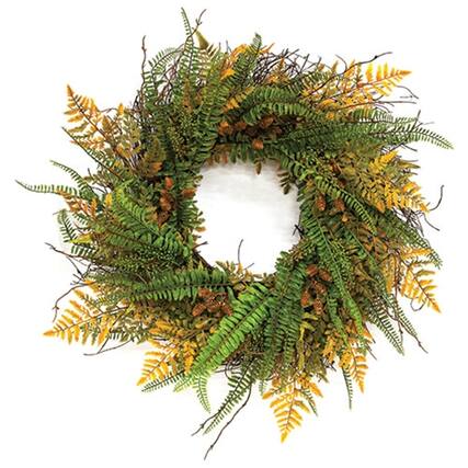 Front. BreeBe - Fall Wetland Fern & Wheat Wreath - 28" - Green, Yellow.