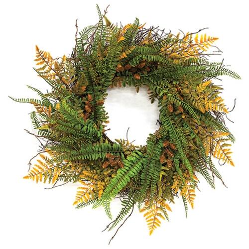 Front. BreeBe - Fall Wetland Fern & Wheat Wreath - 28" - Green, Yellow.