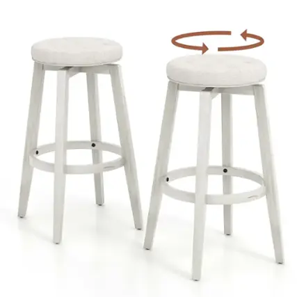 Costway 30" Swivel Bar Stool Set of 2 Upholstered Bar Height Rubber Wood Frame - White