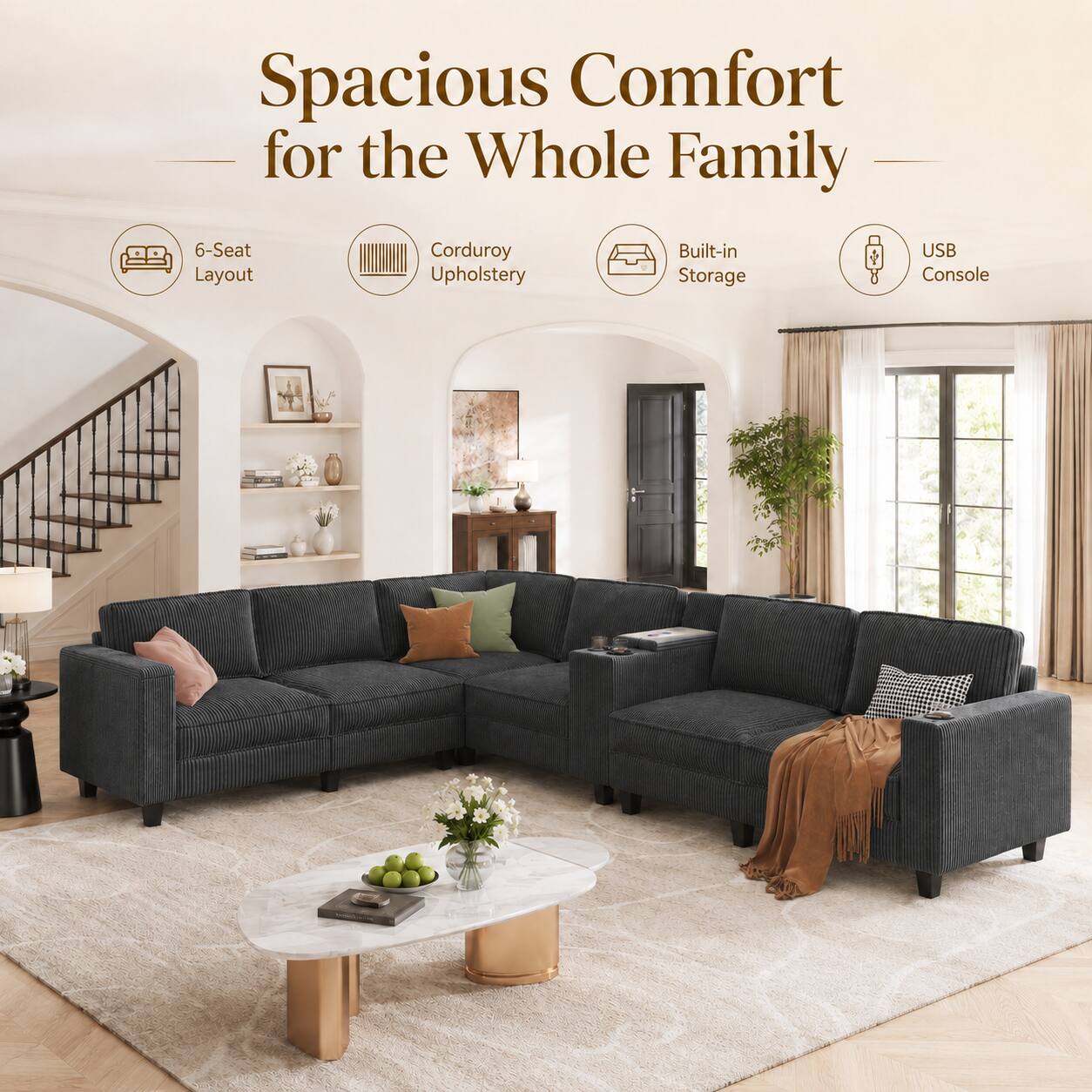 Spacious Comfort for the Whole Family  
6-Seat Layout  
Corduroy Upholstery  
Built-in Storage  
USB Console