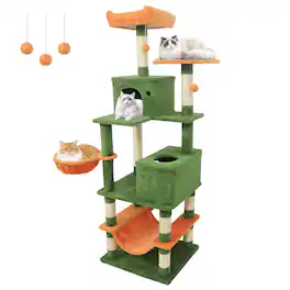 Gymax - 66'' Tall Cat Tree w/2 Condos Sisal Scratching Posts Plush Perch Hammock Basket