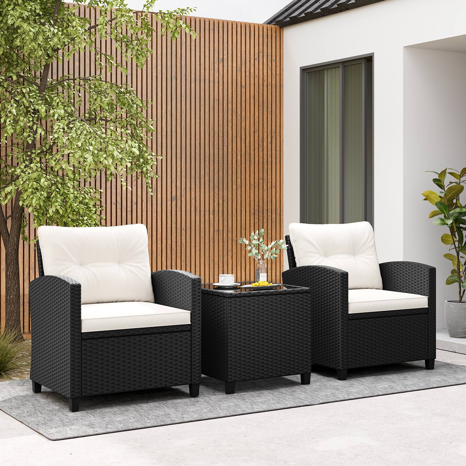 Alt View 4. Costway - 3 PCS Patio Furniture Set with Tempered Glass Coffee Table Washable Cushions - Off White,Black.