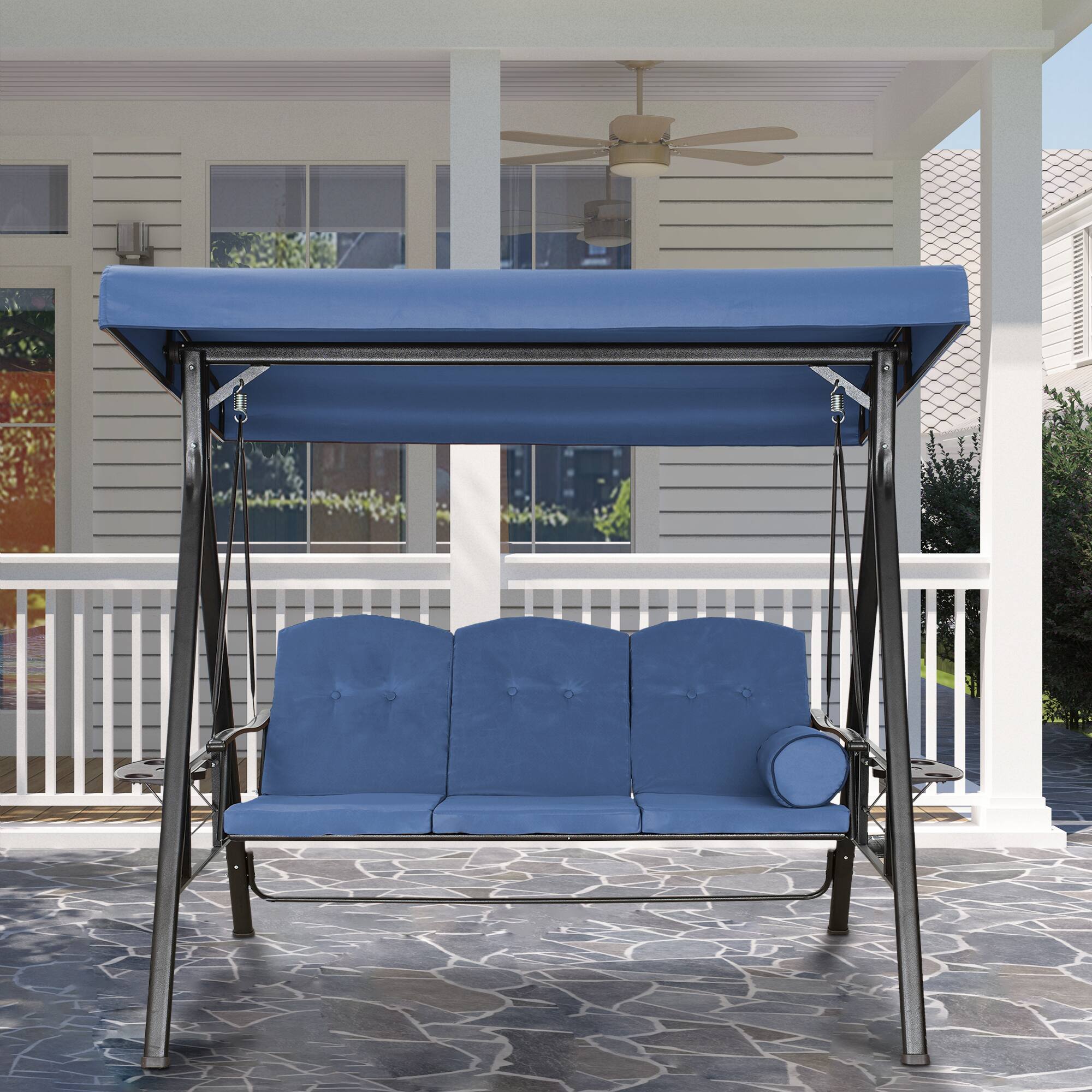 Left. Mondawe - 3 Person Outdoor Steel Canopy Swing with Removable Mat and Convertible Canopy - Navy Blue.