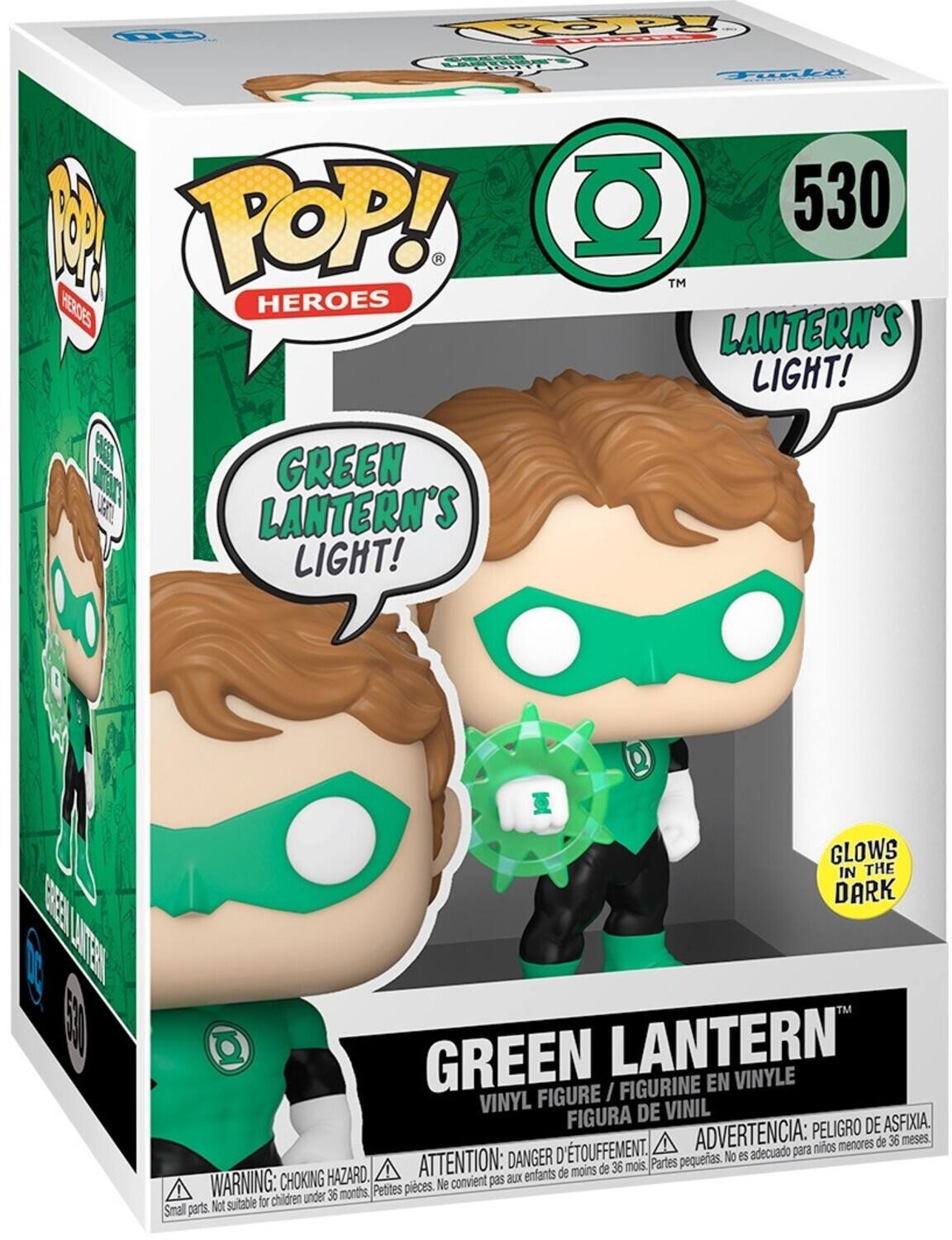 POP! HEROES, GREEN LANTERN'S LIGHT!, 530, TM, LANTERN'S LIGHT!, GREEN LANTERN, VINYLE, FIGURINE EN VINYL, FIGURINE DE VINIL, FIGURA DE VINIL, ADVERTENCIA: PELIGRO DE ASFIXIA, ADVERTENCIA: DANGER D'ÉTOUFFEMENT, ATTENTION: DANGER, WARNING: CHOKING HAZARD, Small parts. Not suitable for children under 36 months. Petites pièces. Ne convient pas aux enfants de moins de 36 mois. Partes pequeñas. No es adecuado para niños menores de 36 meses.