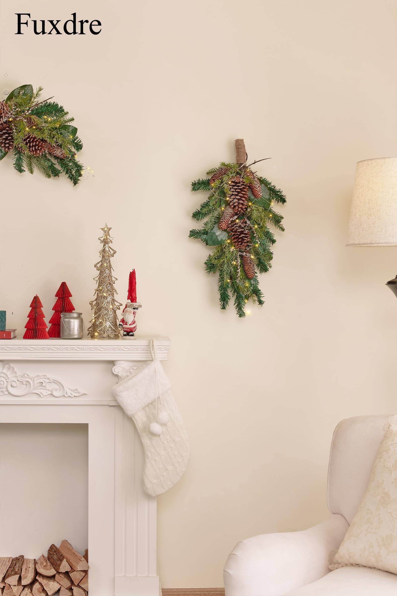 Alt View 4. Siljoy - 23" Pre-Lit Xmas Teardrop Swag | Pinecones & Ferns Door Decor - green.