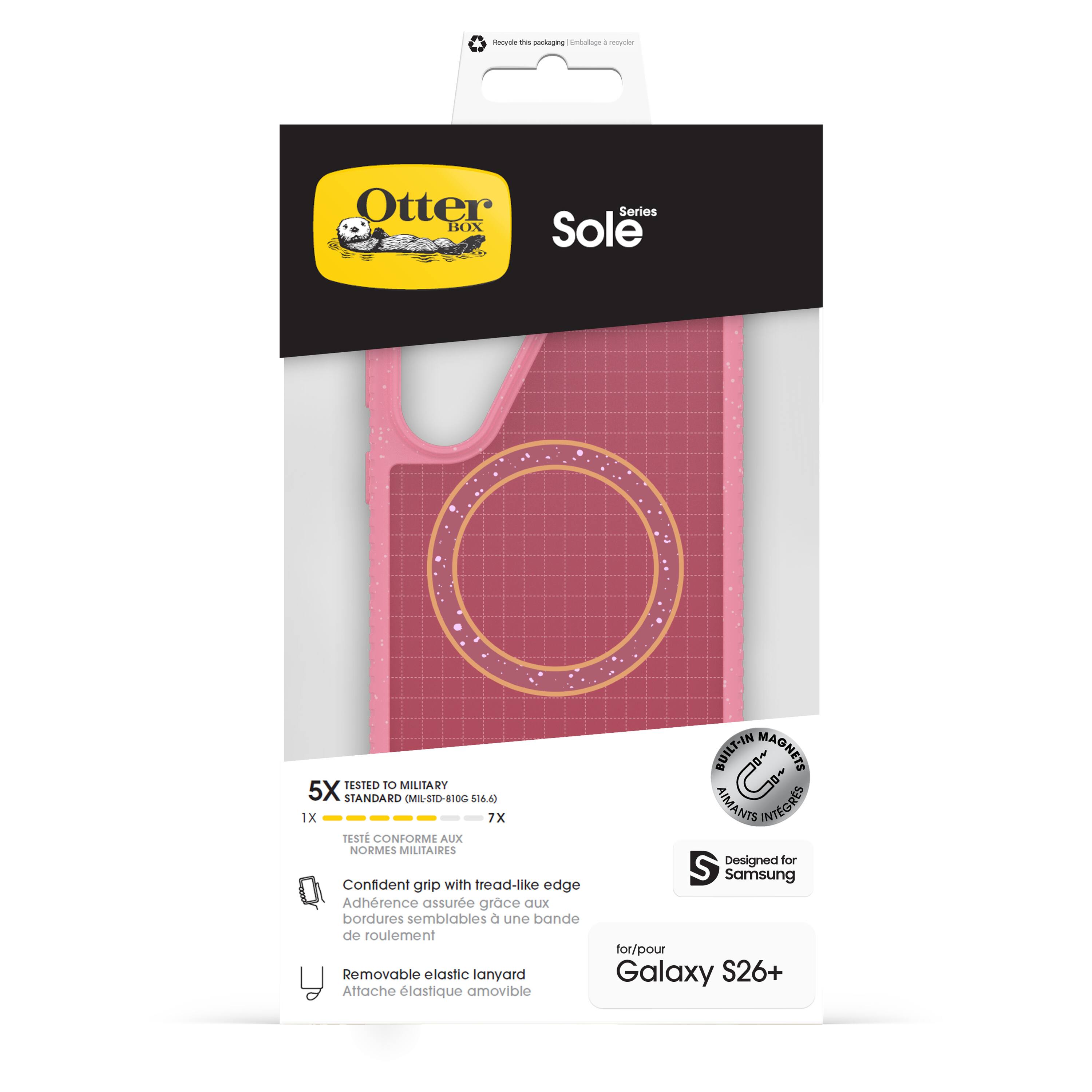 Otter Box Sole Series

BUILT-IN MAGNETS TESTED 10 MILITARY 5X STANDARD MIL-STD-810G 516.6

TESTED TO MILITARY STANDARD (MIL-STD-810G 516.6)
5X
1X
7X
TESTÉ CONFORME AUX NORMES MILITAIRES

Confident grip with tread-like edge
Adhésion assurée grâce aux bords semblables à une bande de roulement

Removable elastic lanyard
Attache élastique amovible

Designed for Samsung
for/pour Galaxy S26+

Recycle this pack
Emballage à recycler