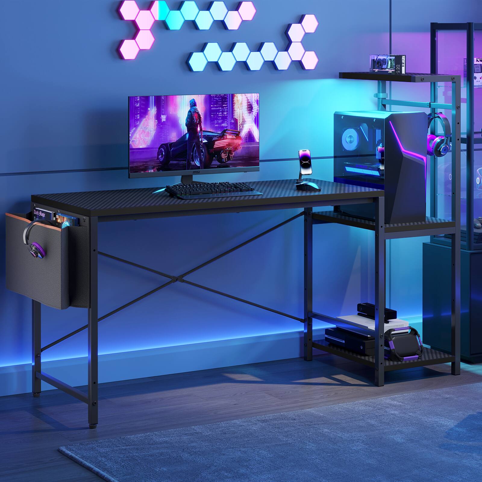 Alt View 4. RSPGAME - 60'' Gaming Desk with Monitor Shelf & Storage Drawer, Ergonomic LED Lights Computer Desk for Home Office - Black.