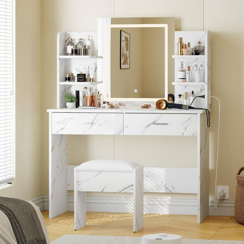 Alt View 1. Acekool - Makeup Vanity Desk with Mirror and 3-Color Lights, 2 Drawers, 6 Shelves, Power Outlets for Bedroom - Marble White.
