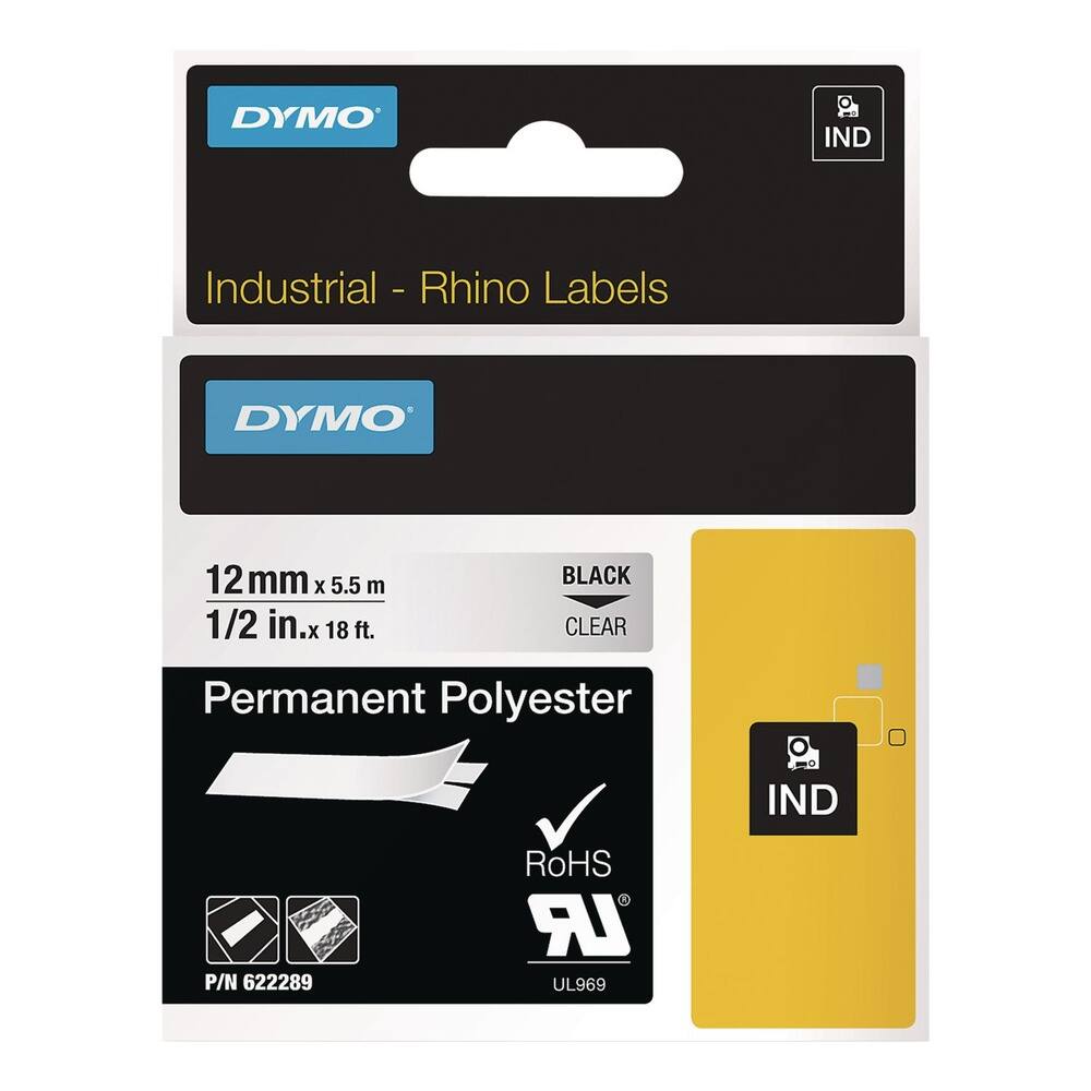DYMO IND Industrial - Rhino Labels  
DYMO 12 mm x 5.5 m (1/2 in. x 18 ft.)  
BLACK CLEAR  
Permanent Polyester  
RoHS  
UL969  
P/N 622289