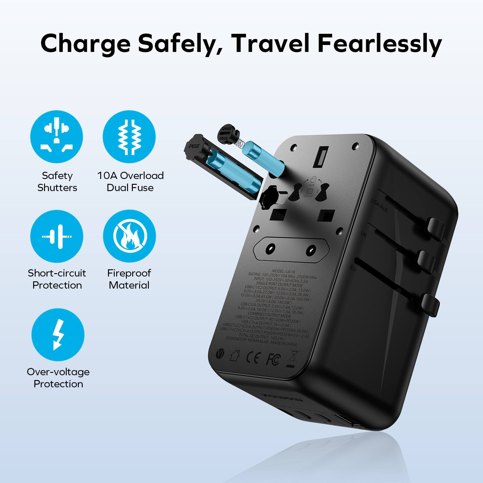 Charge Safely, Travel Fearlessly

22 PRL Safety Shutters
10A Overload Dual Fuse
USA/AUS UK
Short-circuit Protection
Fireproof Material
Over-voltage Protection

MOCEL
La 18
RATING
100-230V
T0M
d5m
Z5cW
Mi
APUT
100-260M
S-0HL
54
SnGLA
PORT OUTPUT MODE
OUMPUT MODE
U-C1/CZOUTPUT
52Vm
1E0W
oV0
270W
1200m
509208
4.0R
cW
202Vm%
CA
100ow
220V-SDA
1e2ow
uecIA
OUTPUT
2V2D
1
52
120W
c
120m134
COMRNEDOUTPUT
MOD
nAW
UN-CTAC2
OUOHUT
CI
OUTL
UNCWwODW
OUTPUS
241
LOB-CAC
