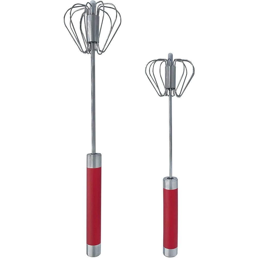 RTMB - 2-Pack Stainless Steel Push Whisks, 10in & 12in Manual Mixers (Red)