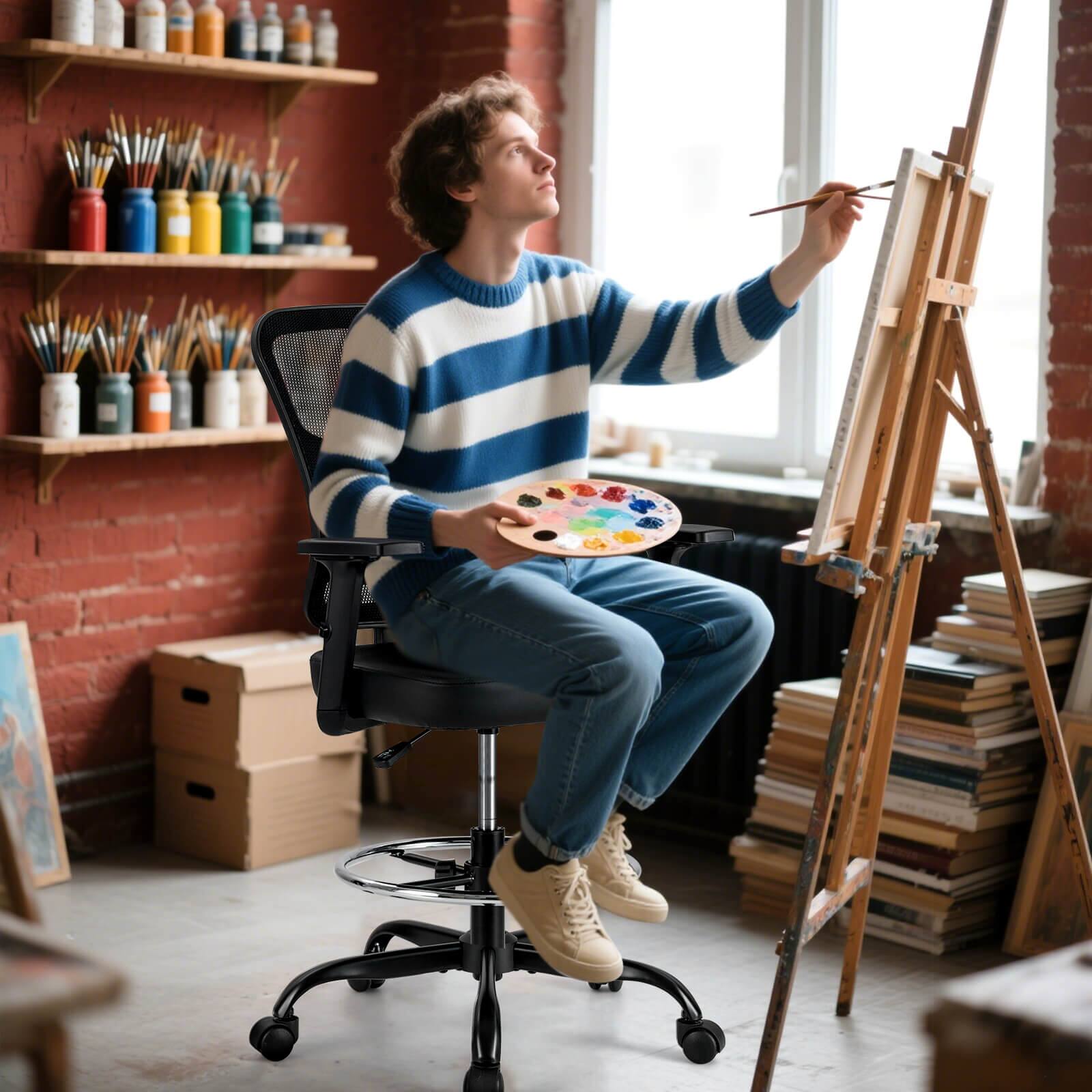 Alt View 4. Costway - Costway Mesh Drafting Chair Office Chair w/Adjustable Armrests & Foot-Ring Black - Black.