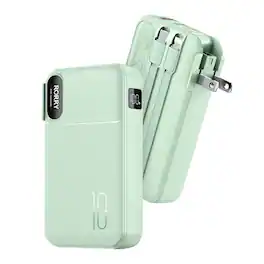 RORRY - 10000mAh 3-in-1 Portable Charger, 22.8W Power Bank with Wall Plug, Built-in Cables, LCD, for iPhone & Android - Green