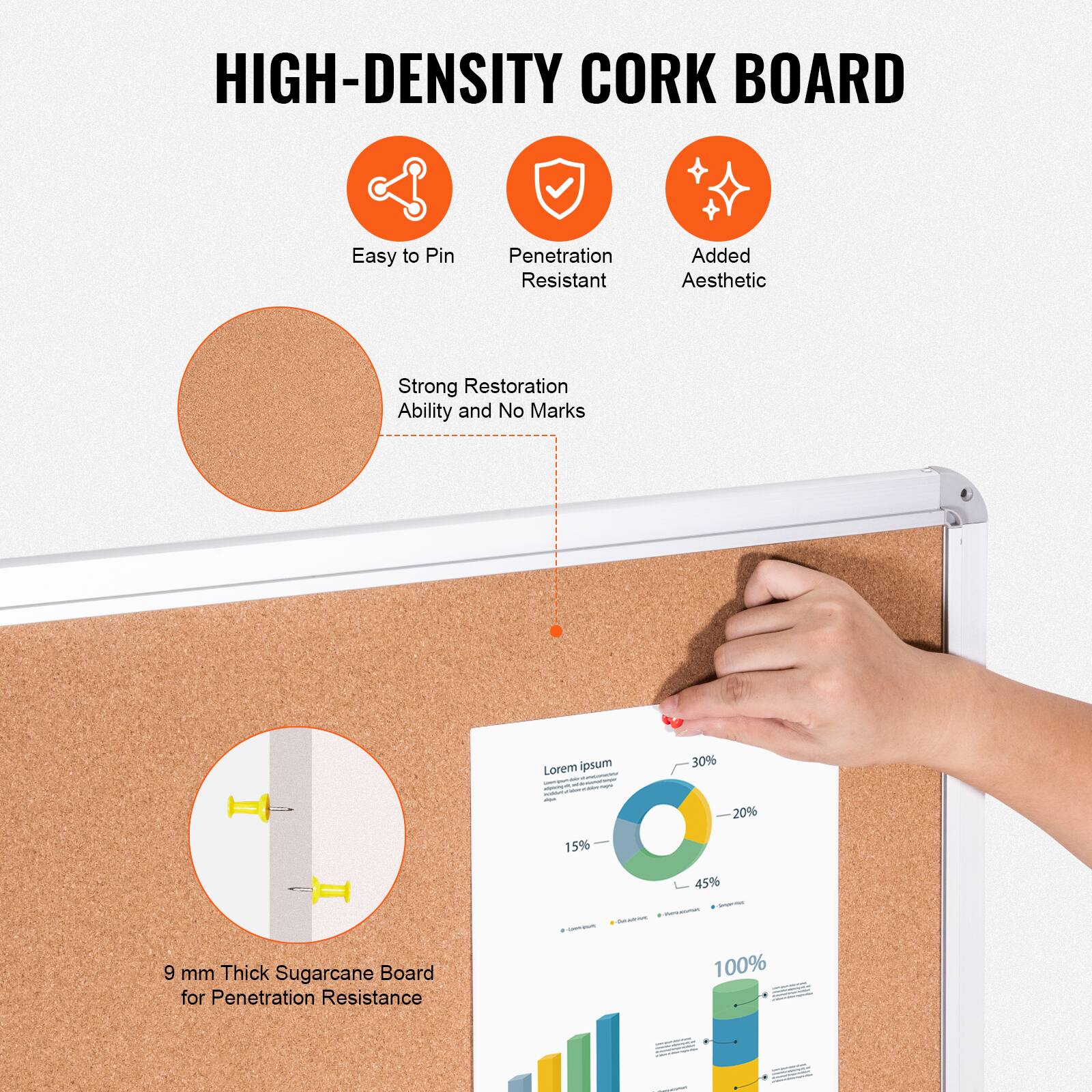 HIGH-DENSITY CORK BOARD
Easy to Pin
Penetration Resistant
Added Aesthetic
Strong Restoration Ability and No Marks
Lorem ipsum
- I  30% 20% 15% 45%
9 mm Thick Sugarcane Board for Penetration Resistance
100%