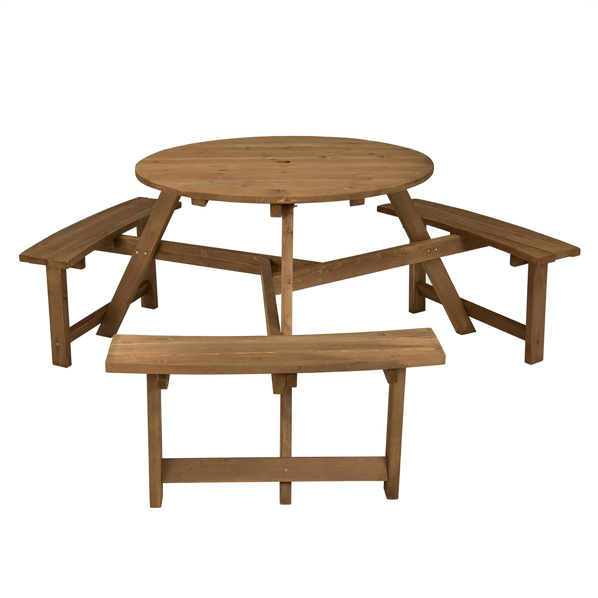 Alt View 9. Costway - Costway 6-person Round Wooden Picnic Table Outdoor Table w/ Umbrella Hole & Benches - Dark Brown.