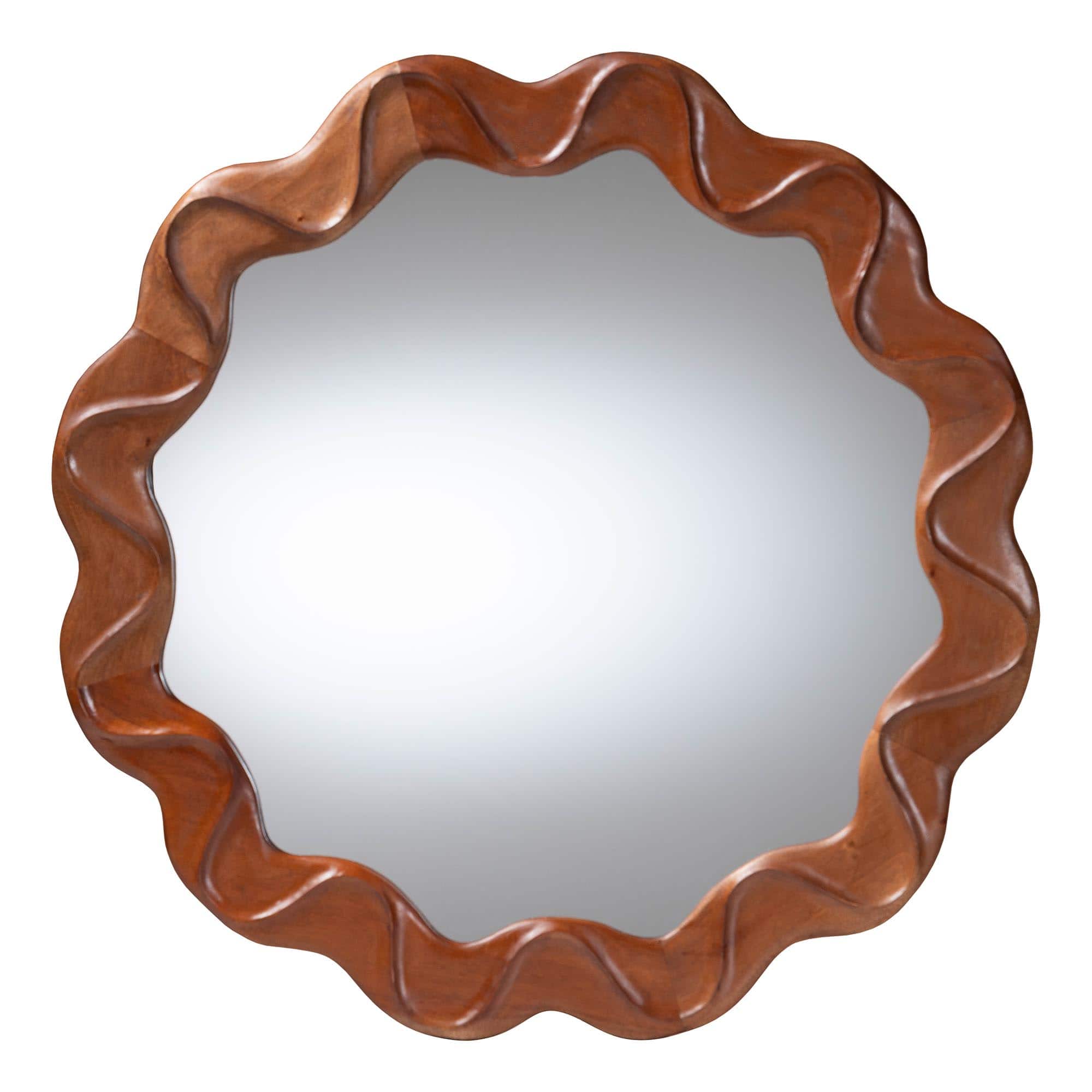 bali & pari - Bahati Round Wall Mirror with Sculpted Wavy Frame - Decorative Accent Mirror for Entryway, Bedroom, or Living Room - Mahogany Brown