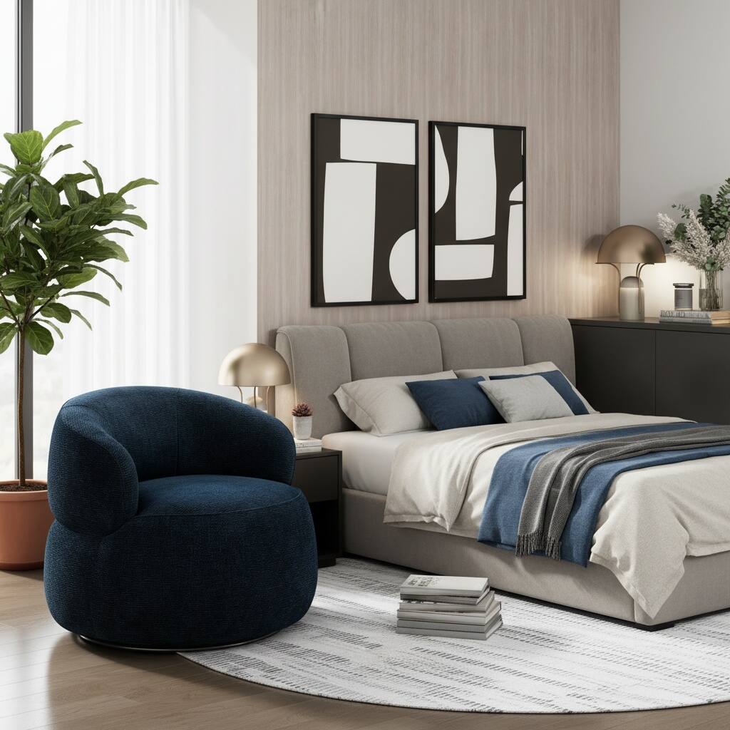 Alt View 4. Forest'nSky - Blue Modern Swivel Accent Chair, Round  Upholstered Barrel Chair with Plush Foam Cushion, Solid Wood Base - Blue.